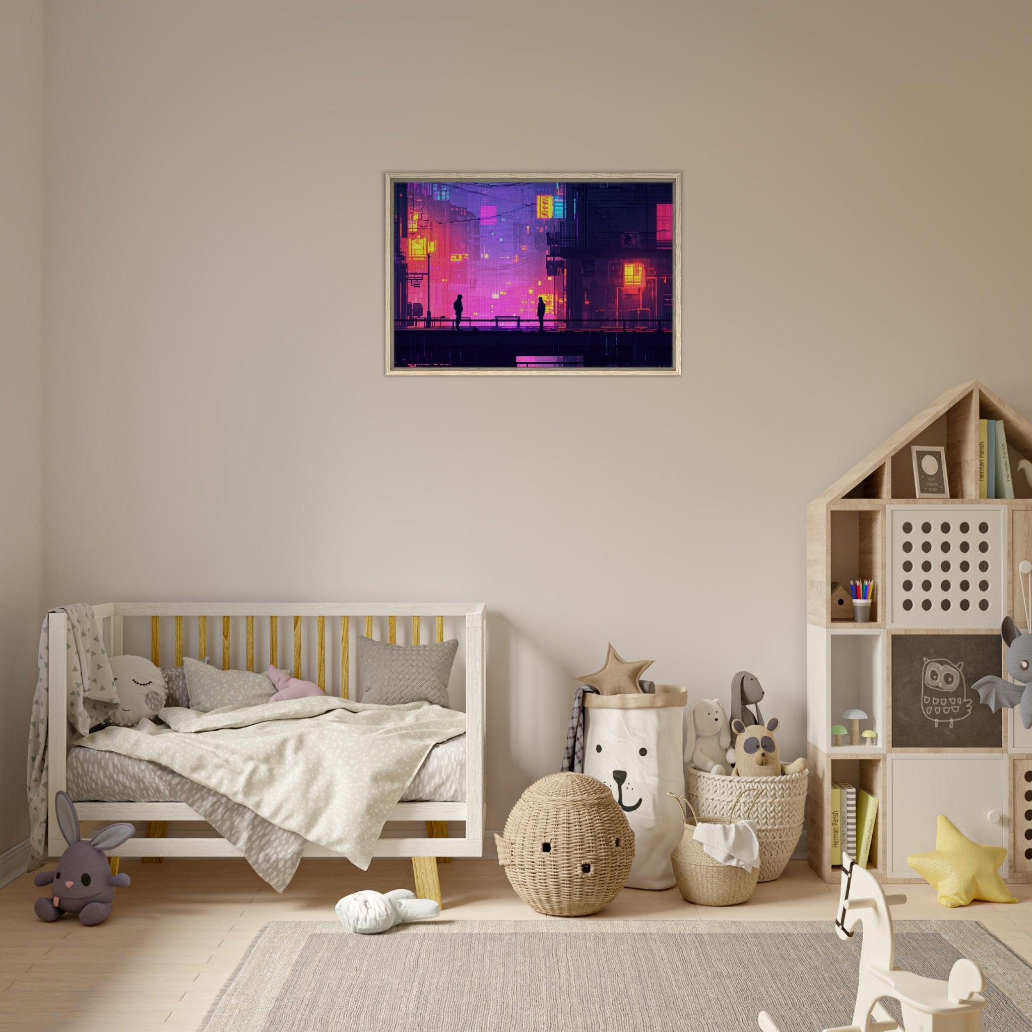 Framed Canvas Landscape - A city where neon lights create impossible rifle 5 - Shop Ai Art WebShop - Digital Art online Store