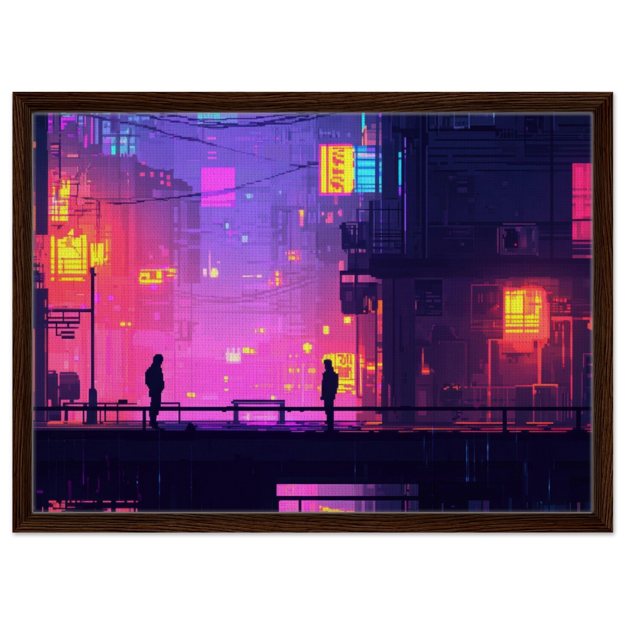 Framed Canvas Landscape - A city where neon lights create impossible rifle 5 - Shop Ai Art WebShop - Digital Art online Store