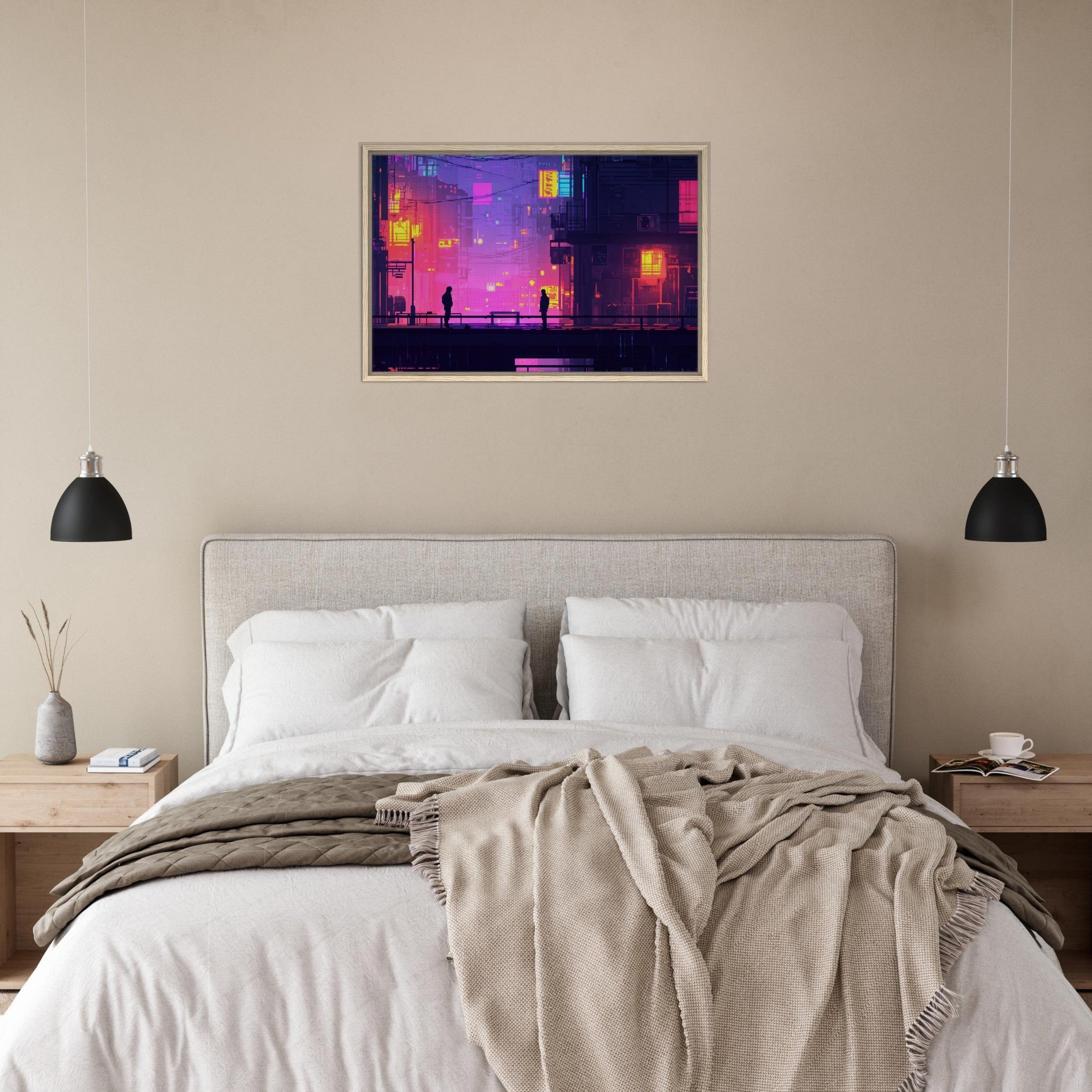 Framed Canvas Landscape - A city where neon lights create impossible rifle 5 - Shop Ai Art WebShop - Digital Art online Store