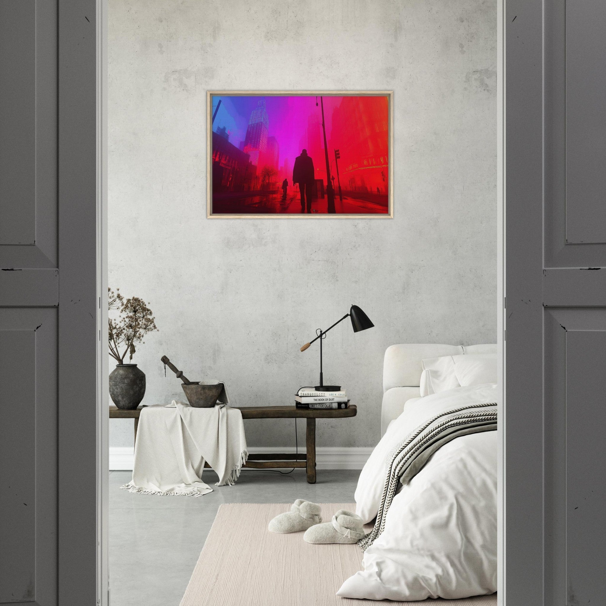 Framed Canvas Landscape - A city where neon lights create impossible rifle - Shop Ai Art WebShop - Digital Art online Store