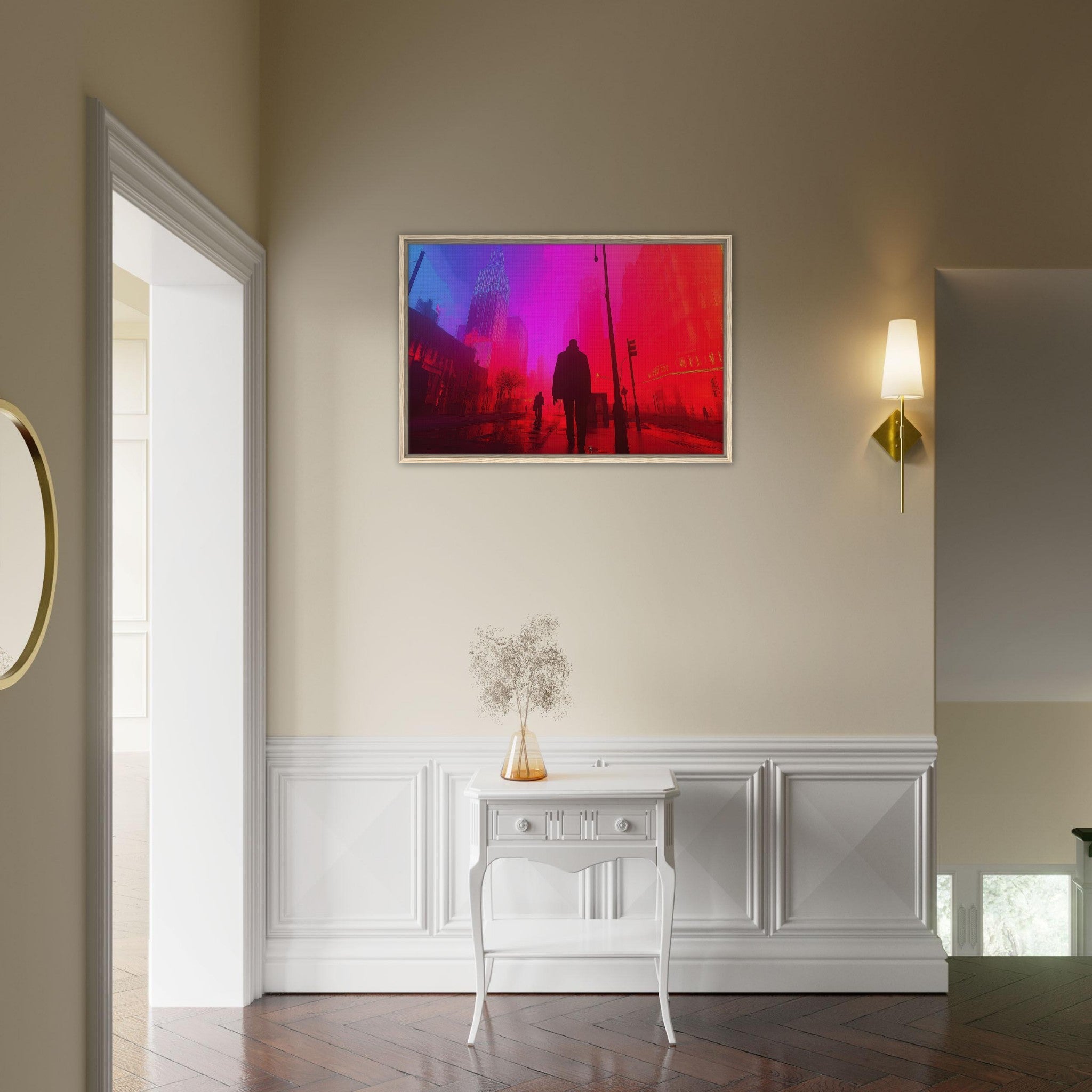 Framed Canvas Landscape - A city where neon lights create impossible rifle - Shop Ai Art WebShop - Digital Art online Store