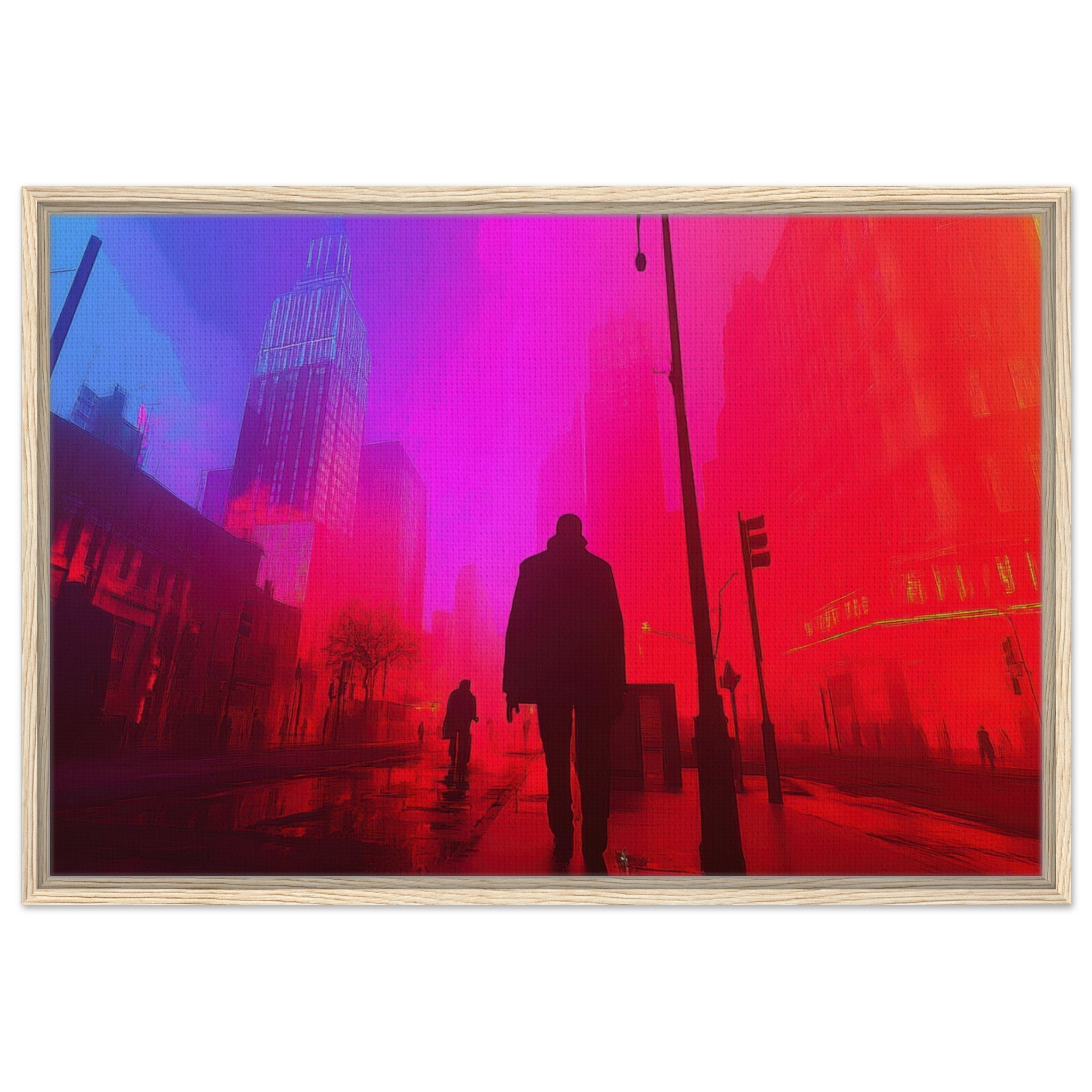 Framed Canvas Landscape - A city where neon lights create impossible rifle - Shop Ai Art WebShop - Digital Art online Store