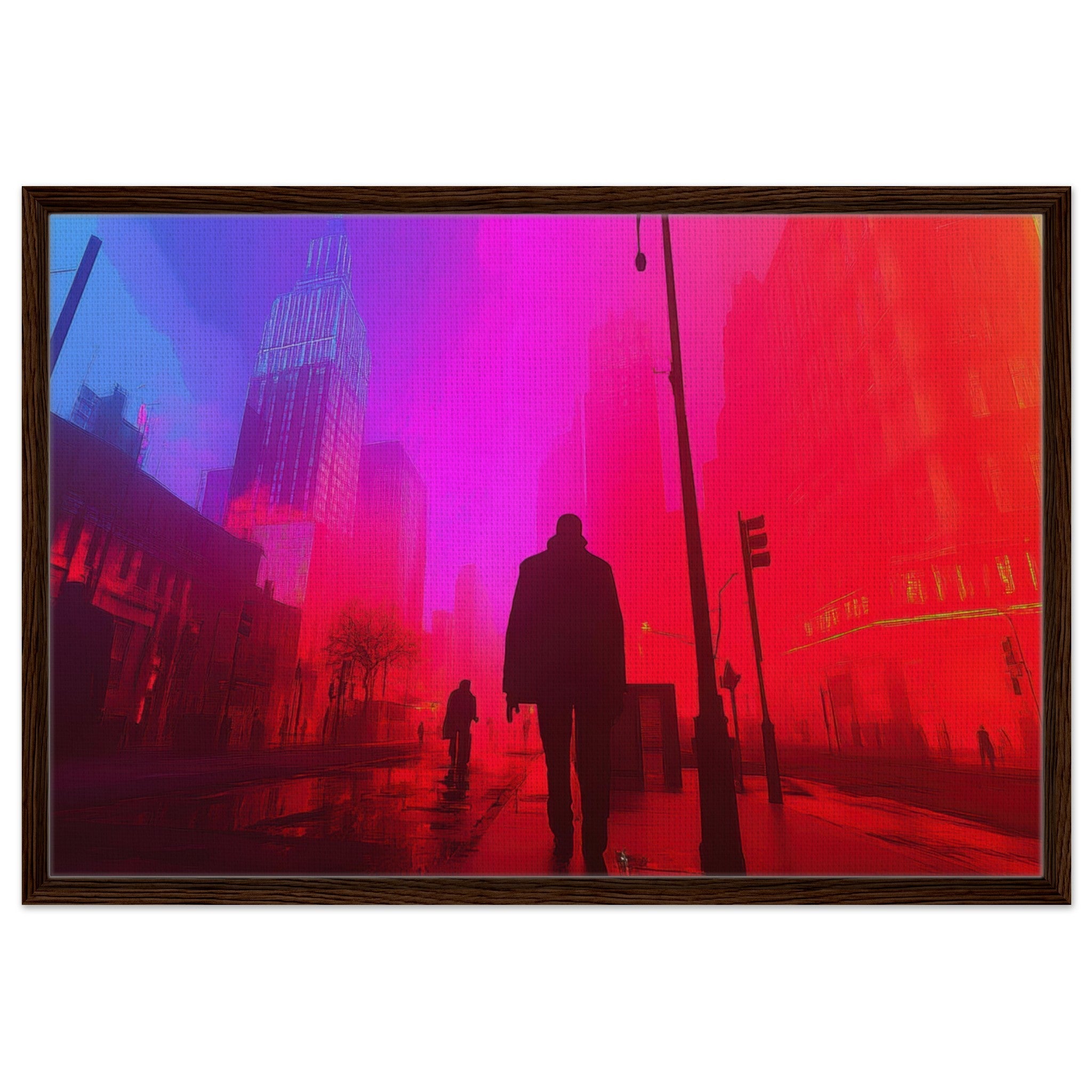 Framed Canvas Landscape - A city where neon lights create impossible rifle - Shop Ai Art WebShop - Digital Art online Store