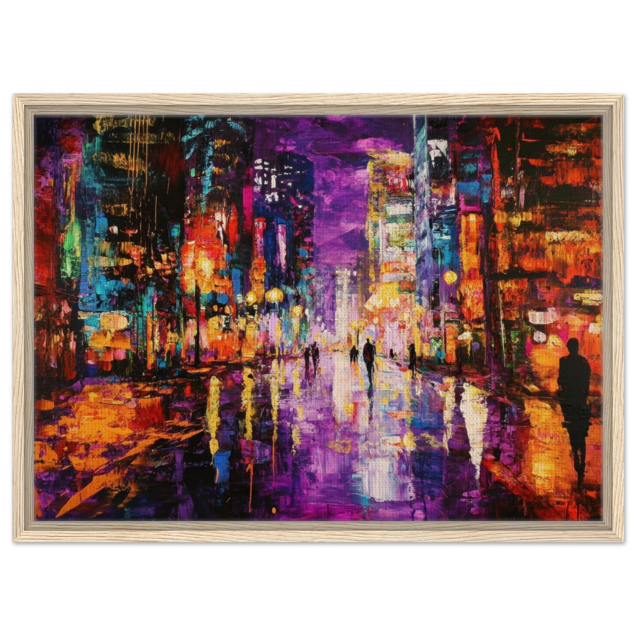 Framed Canvas Landscape - A cityscape bathed in the dim glow of streetligh - Shop Ai Art WebShop - Digital Art online Store