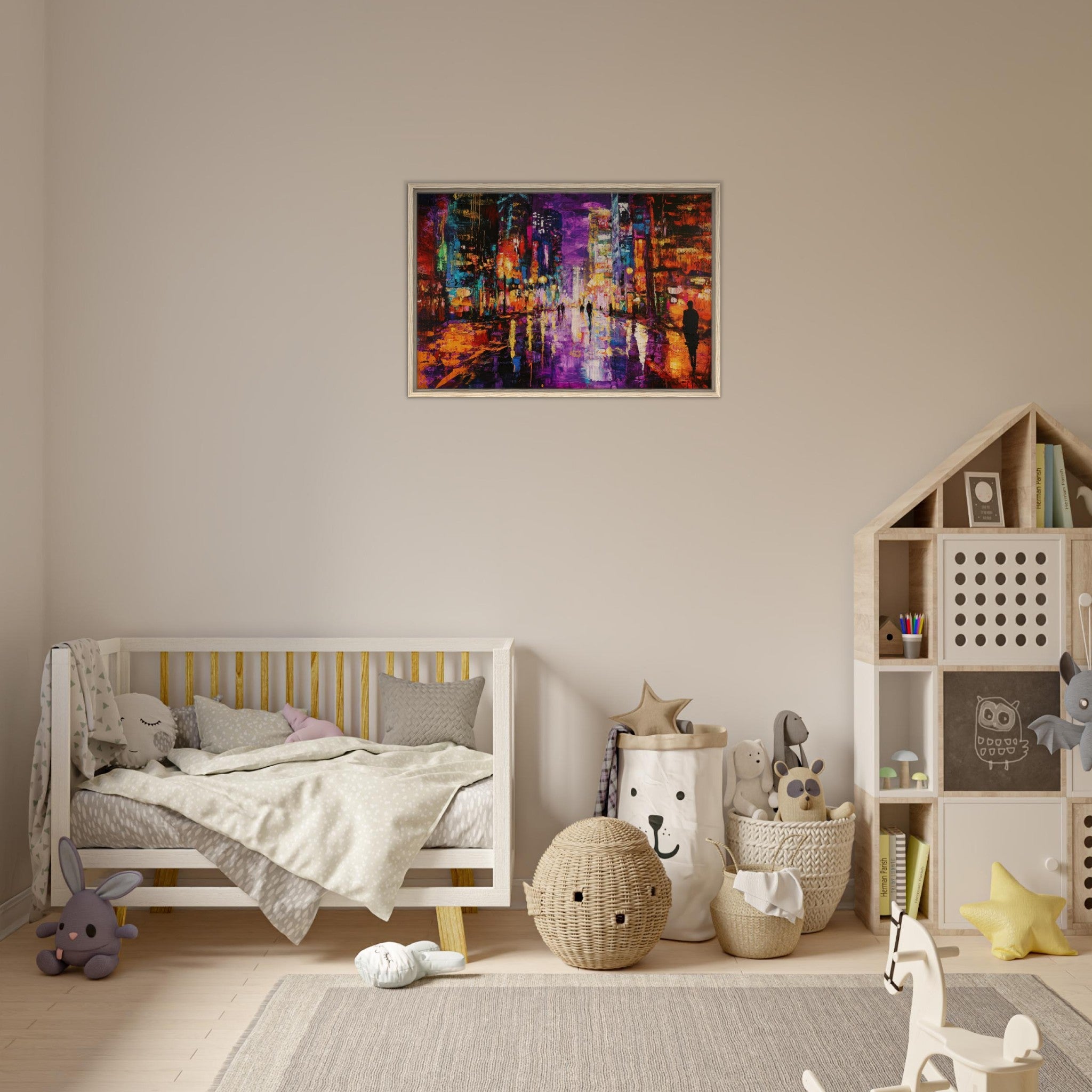 Framed Canvas Landscape - A cityscape bathed in the dim glow of streetligh - Shop Ai Art WebShop - Digital Art online Store