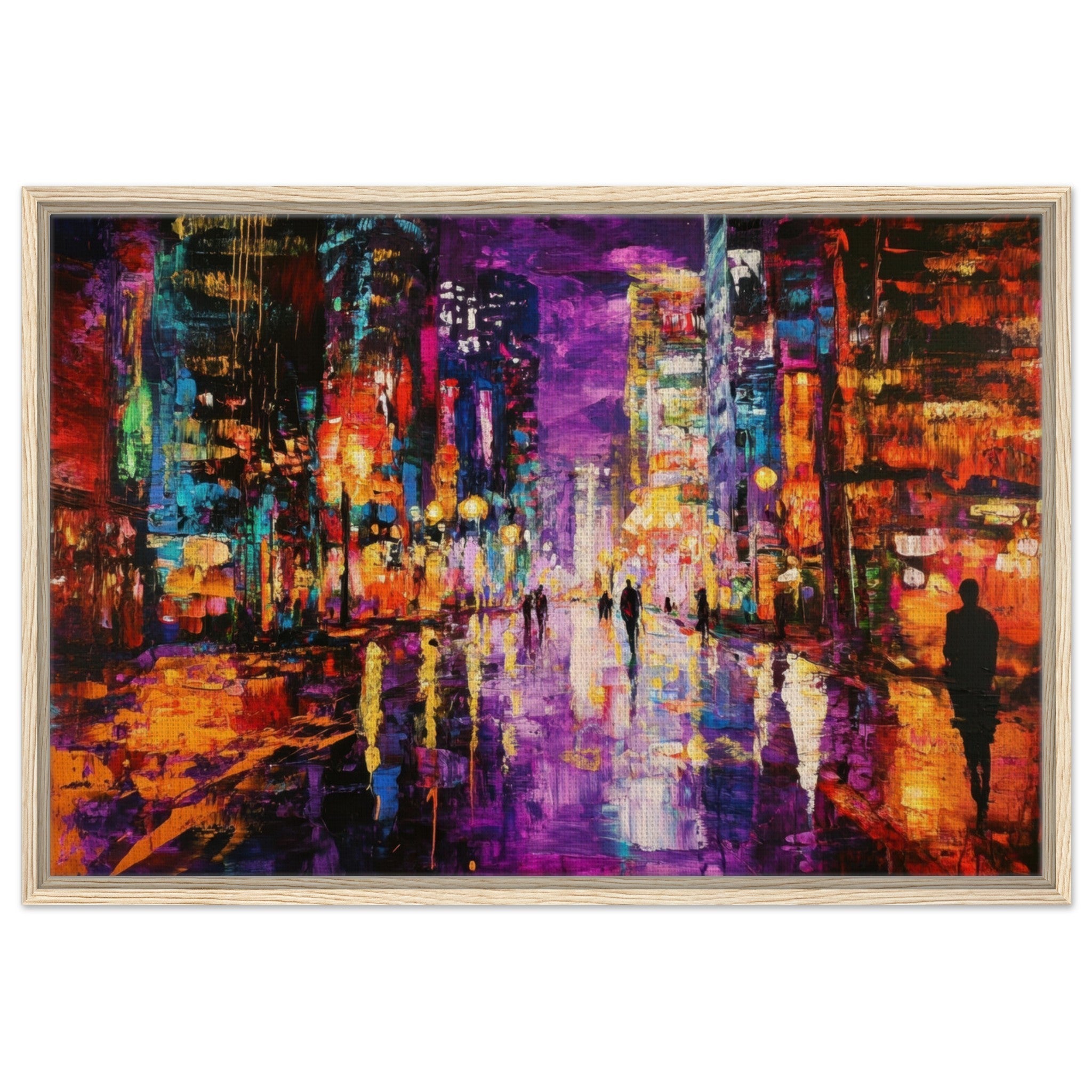 Framed Canvas Landscape - A cityscape bathed in the dim glow of streetligh - Shop Ai Art WebShop - Digital Art online Store
