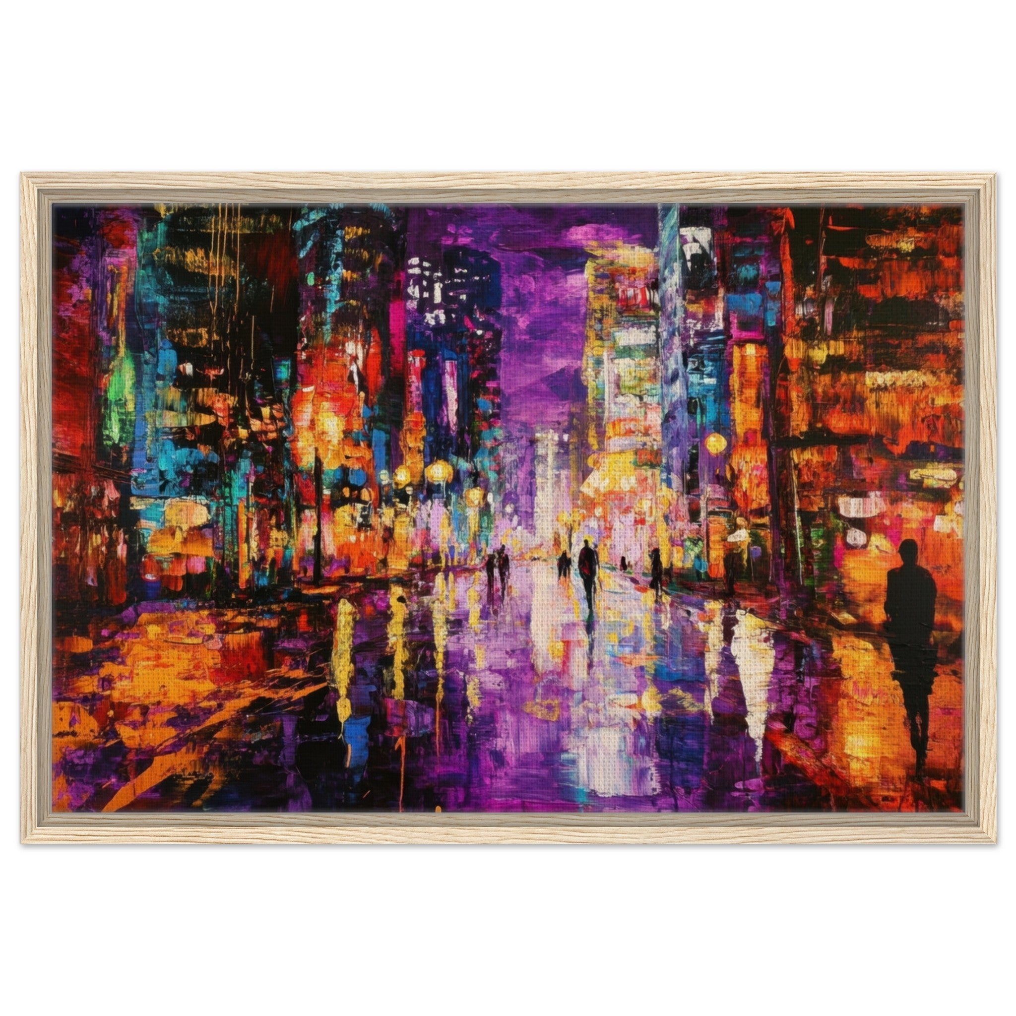Framed Canvas Landscape - A cityscape bathed in the dim glow of streetligh - Shop Ai Art WebShop - Digital Art online Store