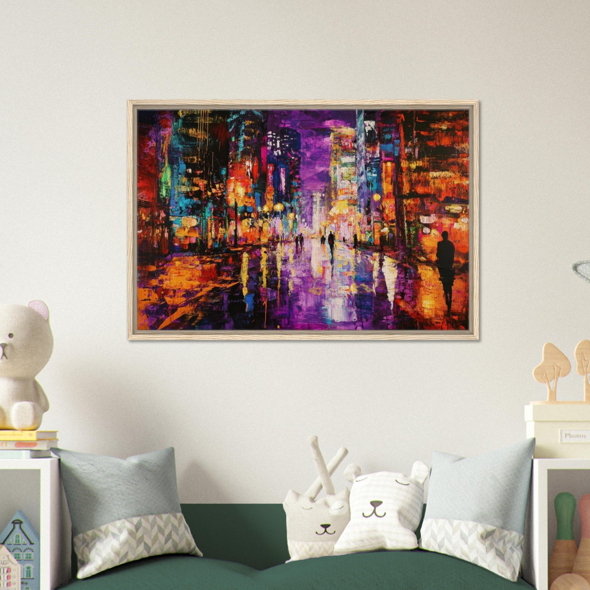 Framed Canvas Landscape - A cityscape bathed in the dim glow of streetligh - Shop Ai Art WebShop - Digital Art online Store