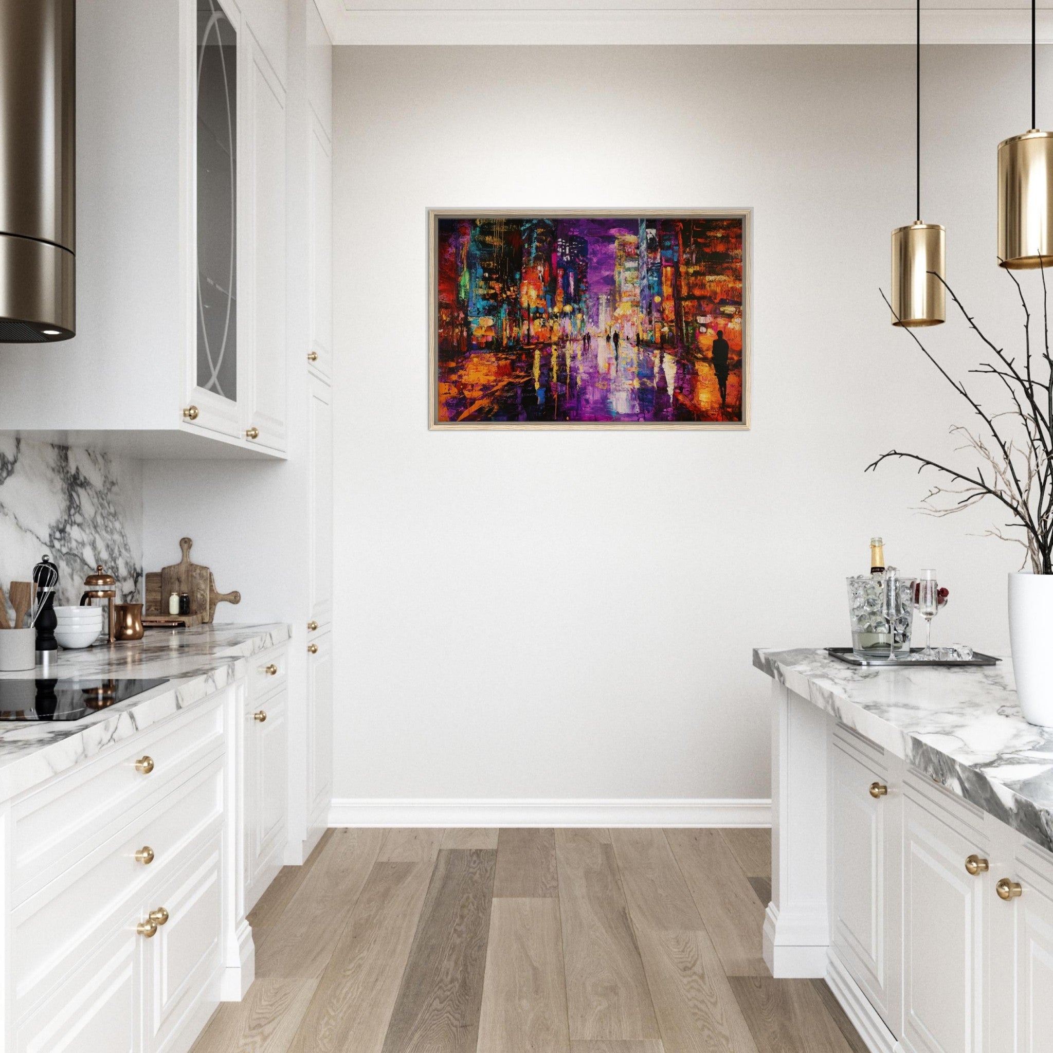Framed Canvas Landscape - A cityscape bathed in the dim glow of streetligh - Shop Ai Art WebShop - Digital Art online Store
