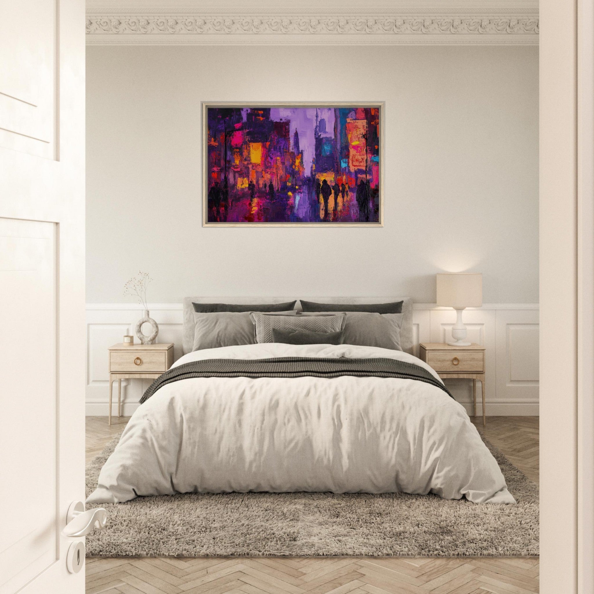 Framed Canvas Landscape - A cityscape bathed in the dim glow of streetligh 3 - Shop Ai Art WebShop - Digital Art online Store