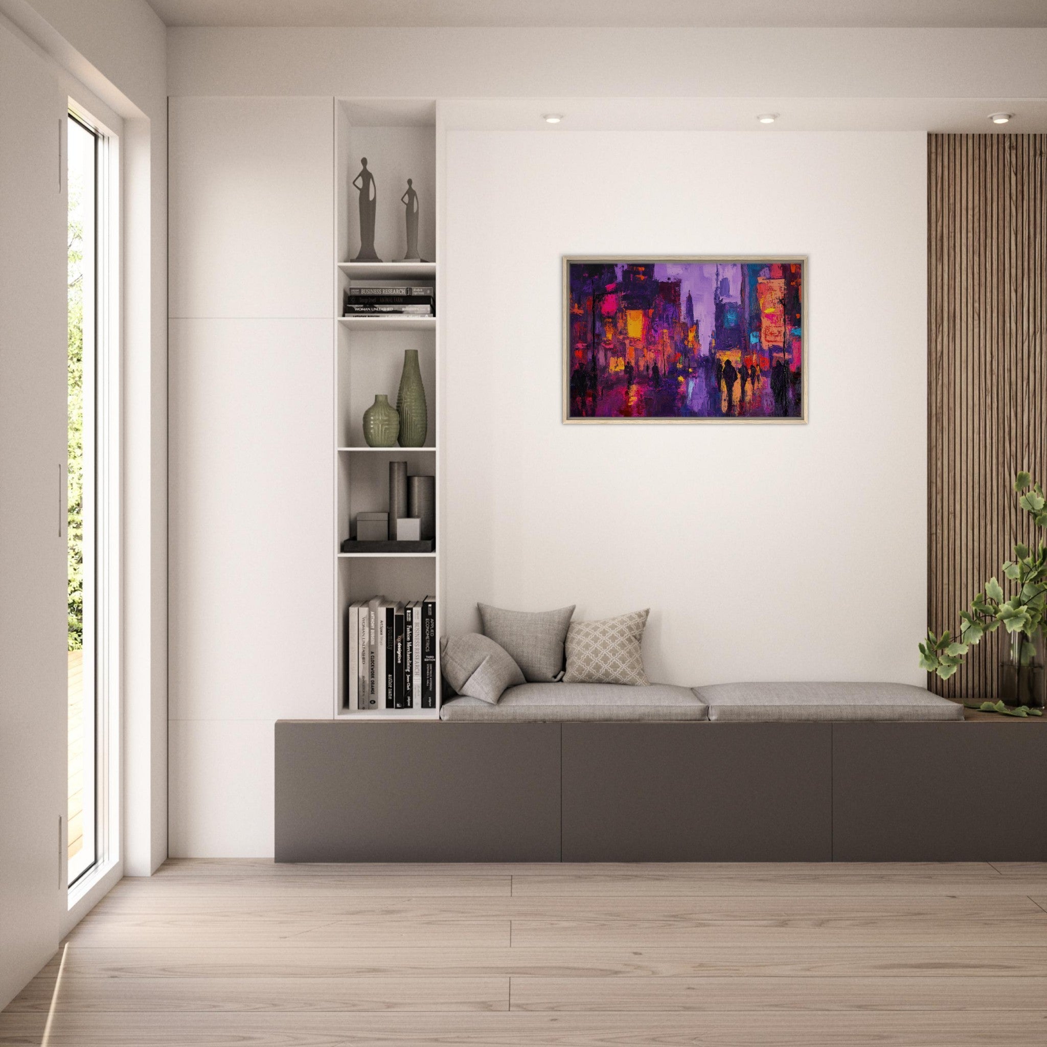 Framed Canvas Landscape - A cityscape bathed in the dim glow of streetligh 3 - Shop Ai Art WebShop - Digital Art online Store
