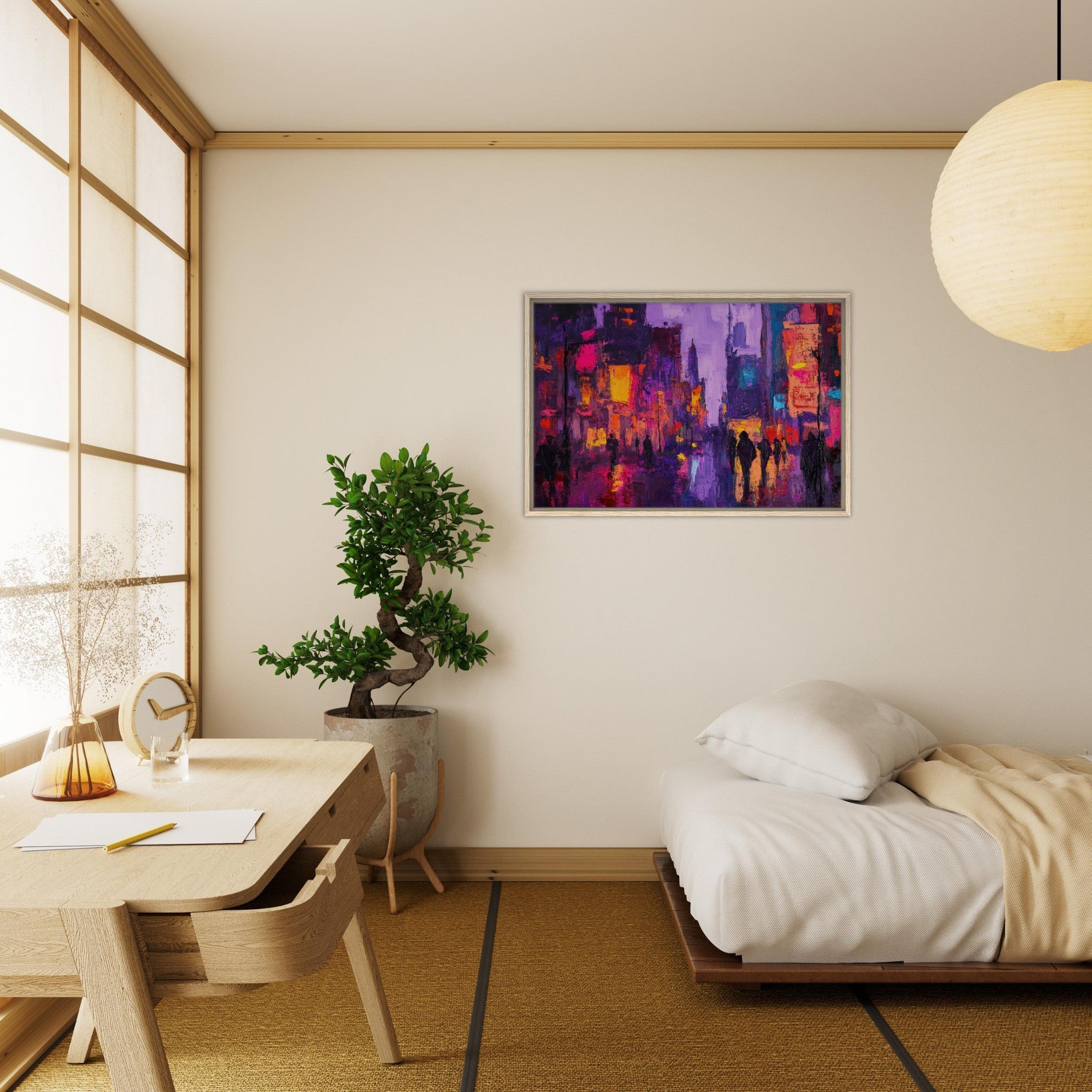 Framed Canvas Landscape - A cityscape bathed in the dim glow of streetligh 3 - Shop Ai Art WebShop - Digital Art online Store