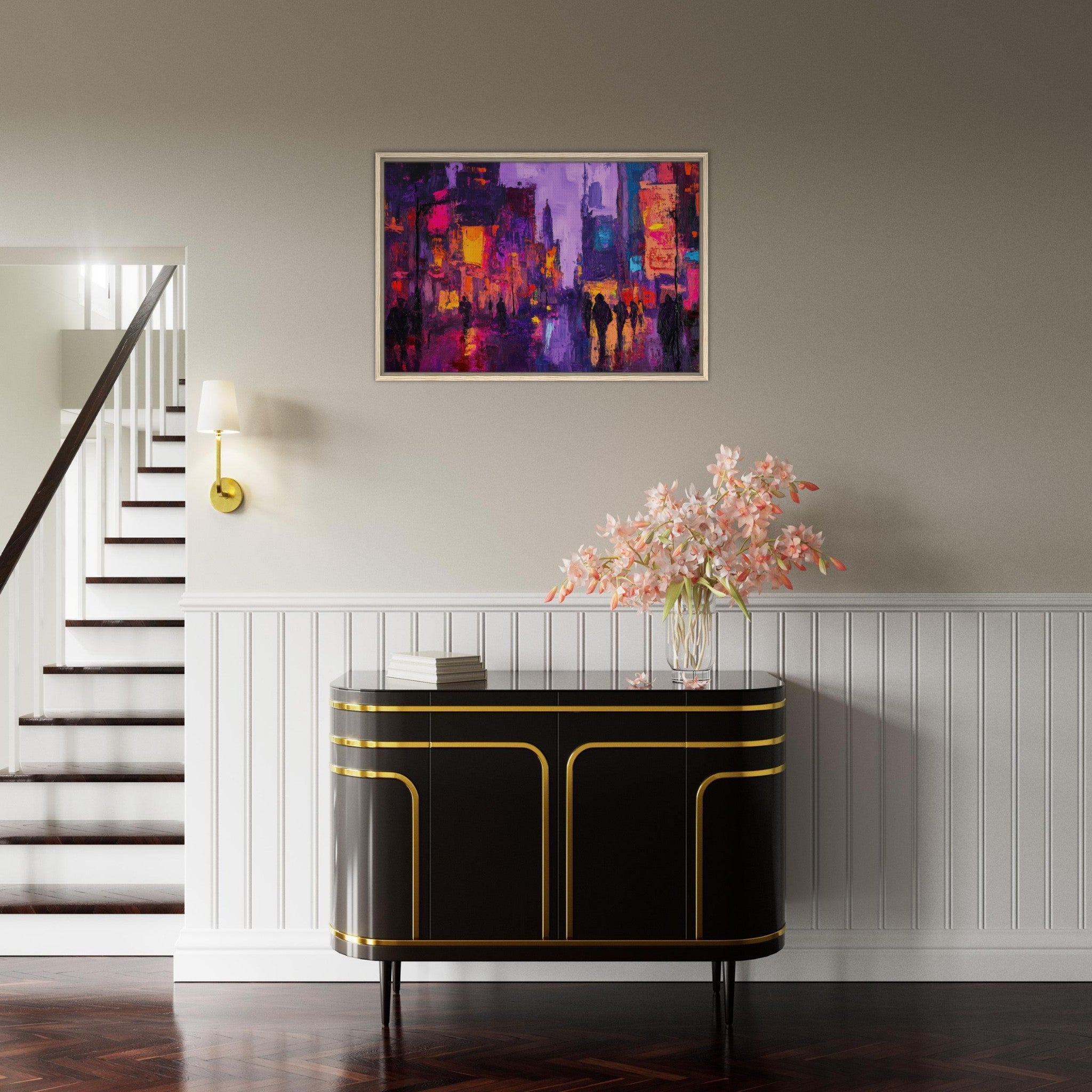 Framed Canvas Landscape - A cityscape bathed in the dim glow of streetligh 3 - Shop Ai Art WebShop - Digital Art online Store