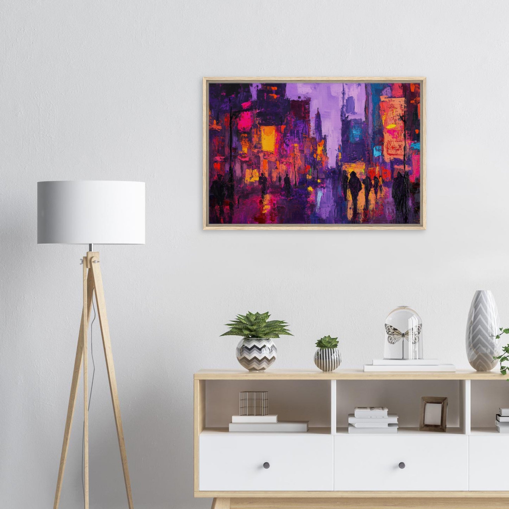 Framed Canvas Landscape - A cityscape bathed in the dim glow of streetligh 3 - Shop Ai Art WebShop - Digital Art online Store