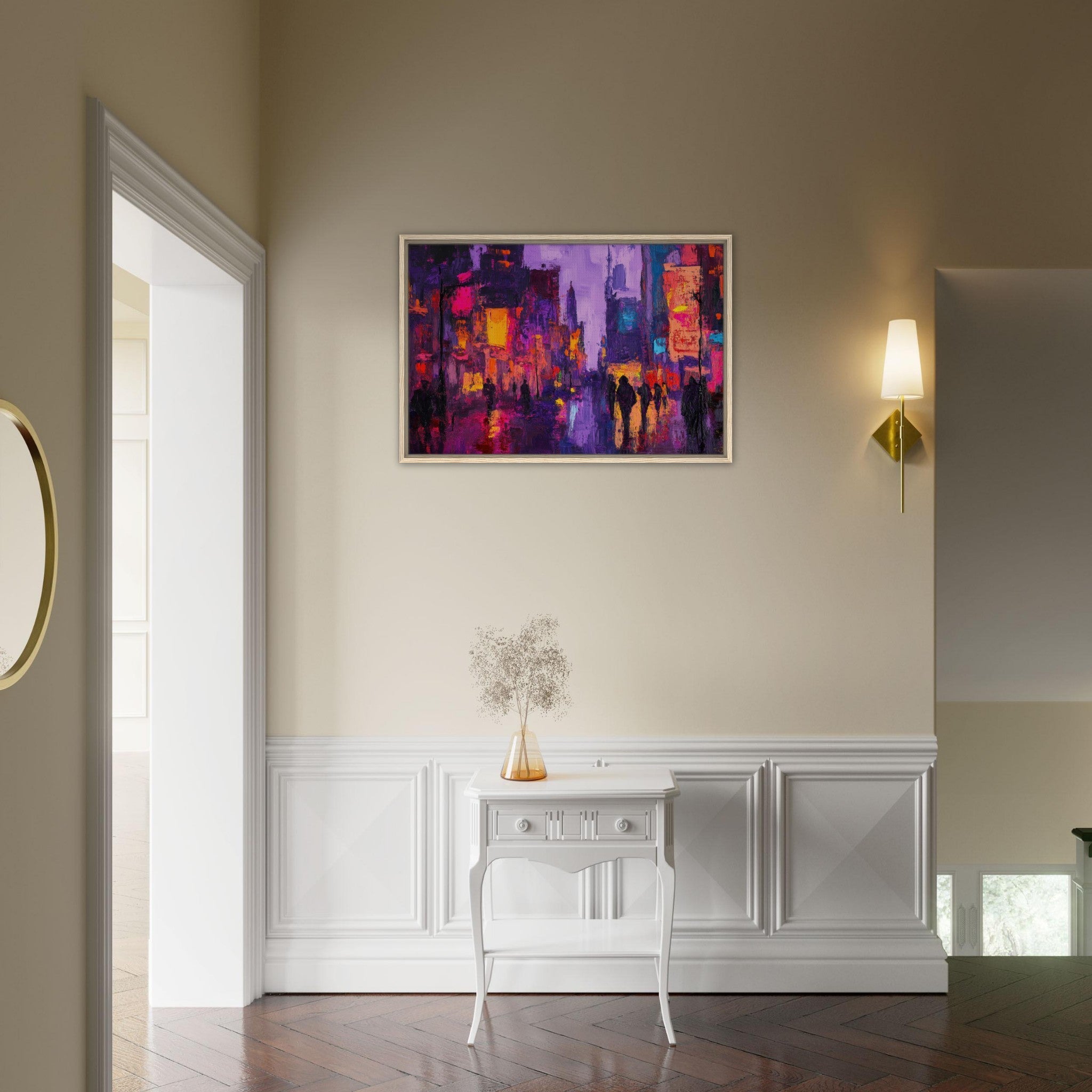 Framed Canvas Landscape - A cityscape bathed in the dim glow of streetligh 3 - Shop Ai Art WebShop - Digital Art online Store