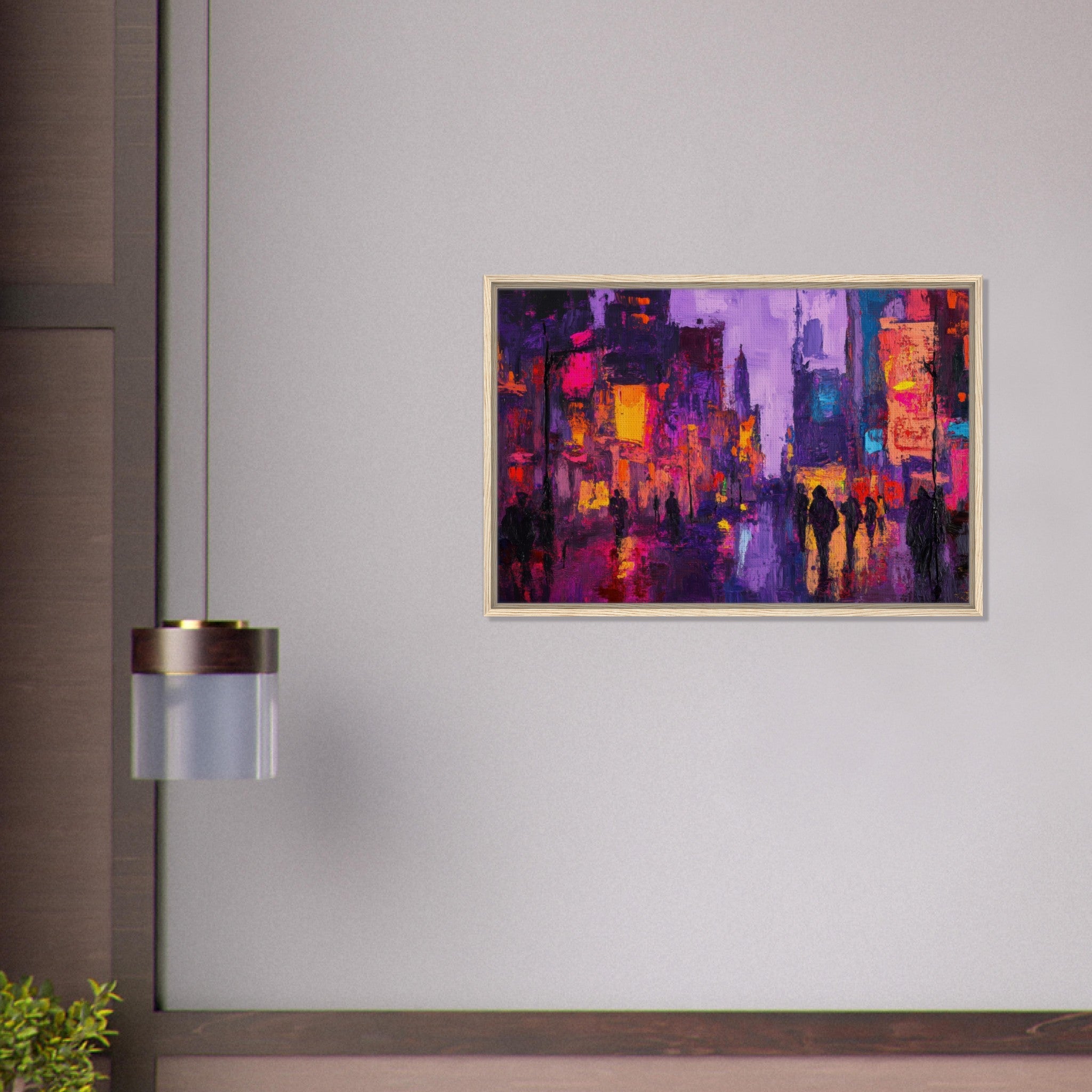 Framed Canvas Landscape - A cityscape bathed in the dim glow of streetligh 3 - Shop Ai Art WebShop - Digital Art online Store