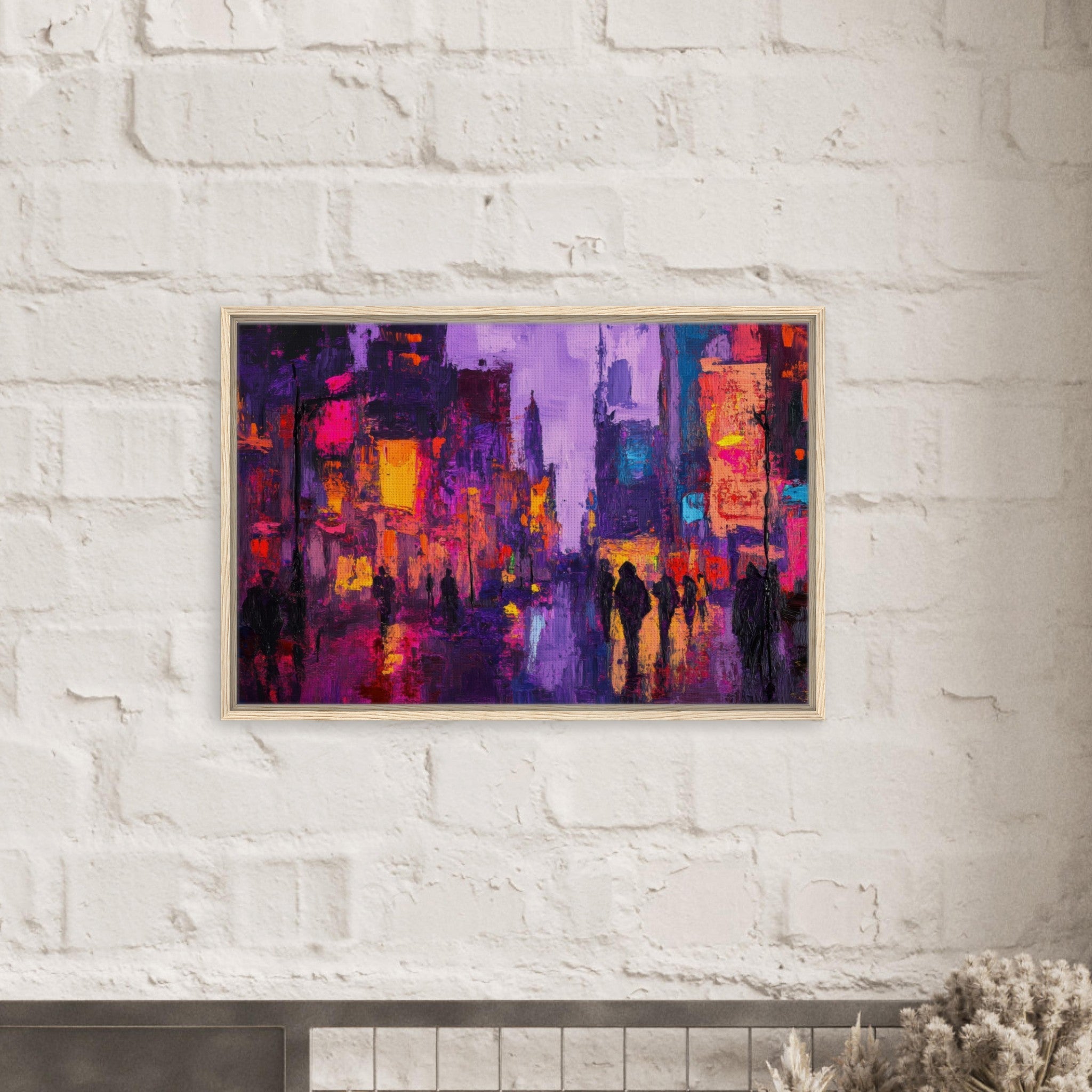 Framed Canvas Landscape - A cityscape bathed in the dim glow of streetligh 3 - Shop Ai Art WebShop - Digital Art online Store