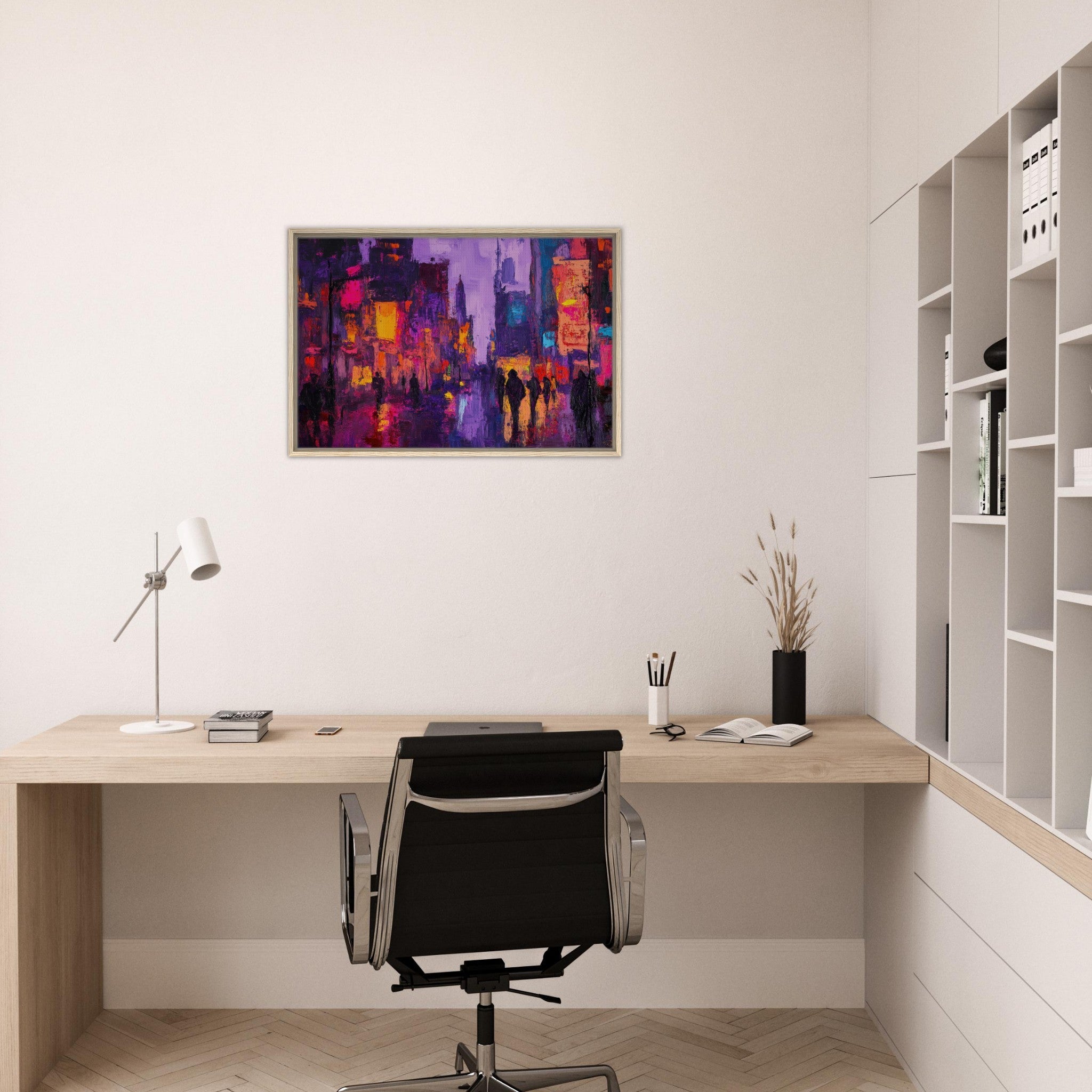 Framed Canvas Landscape - A cityscape bathed in the dim glow of streetligh 3 - Shop Ai Art WebShop - Digital Art online Store