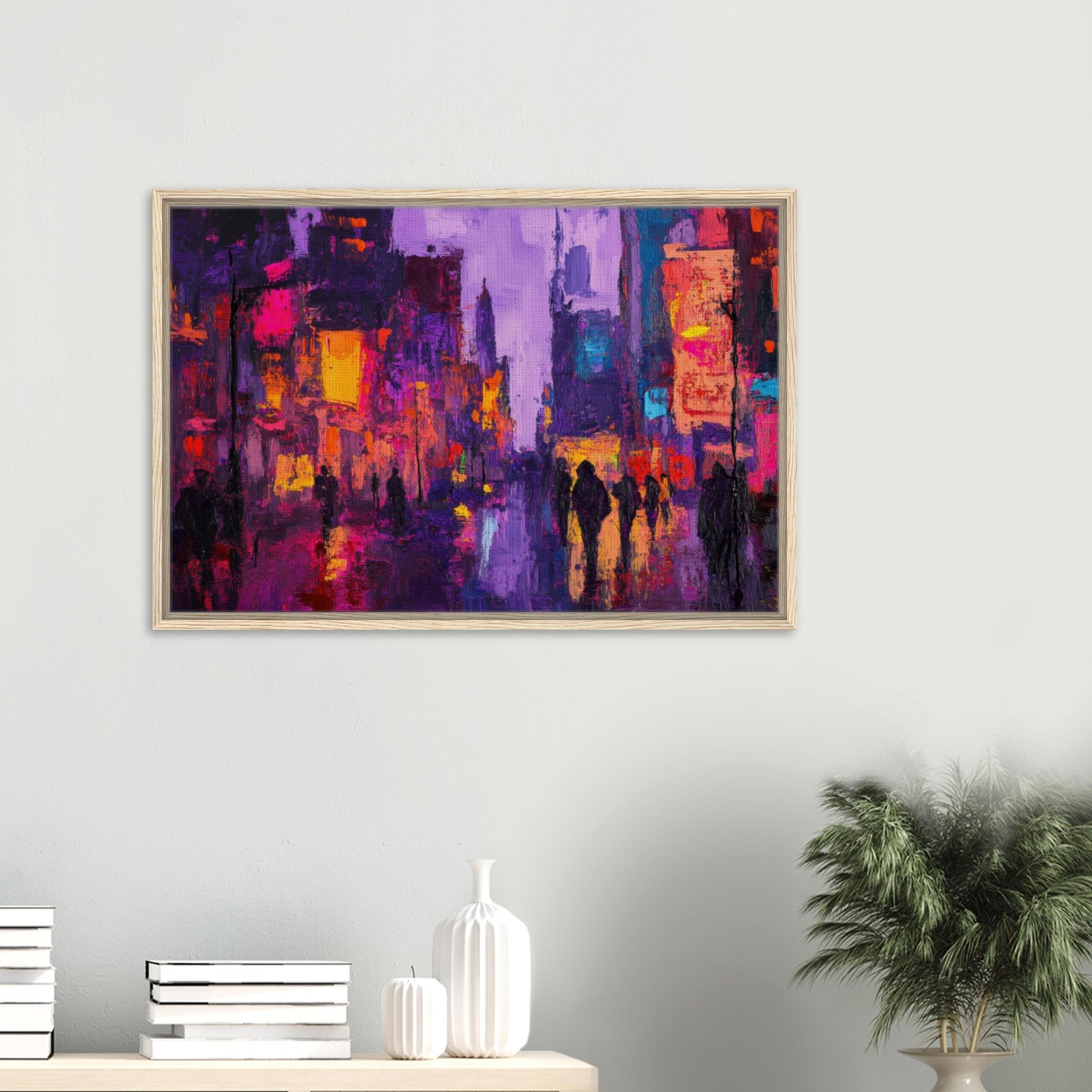 Framed Canvas Landscape - A cityscape bathed in the dim glow of streetligh 3 - Shop Ai Art WebShop - Digital Art online Store