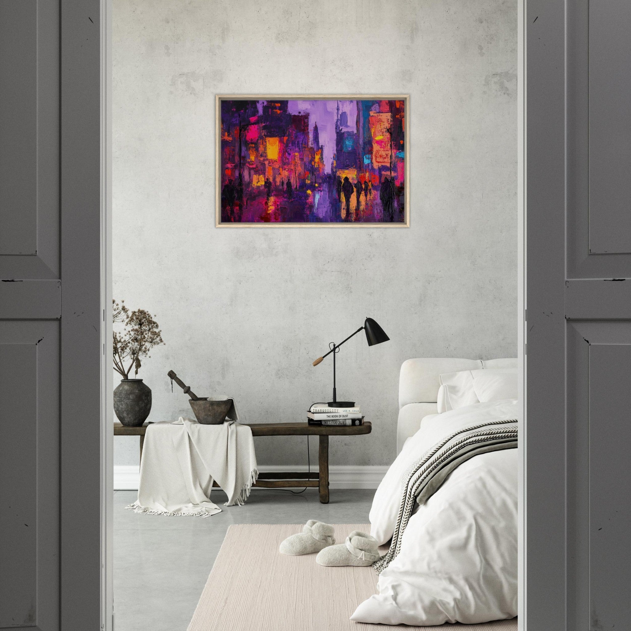 Framed Canvas Landscape - A cityscape bathed in the dim glow of streetligh 3 - Shop Ai Art WebShop - Digital Art online Store