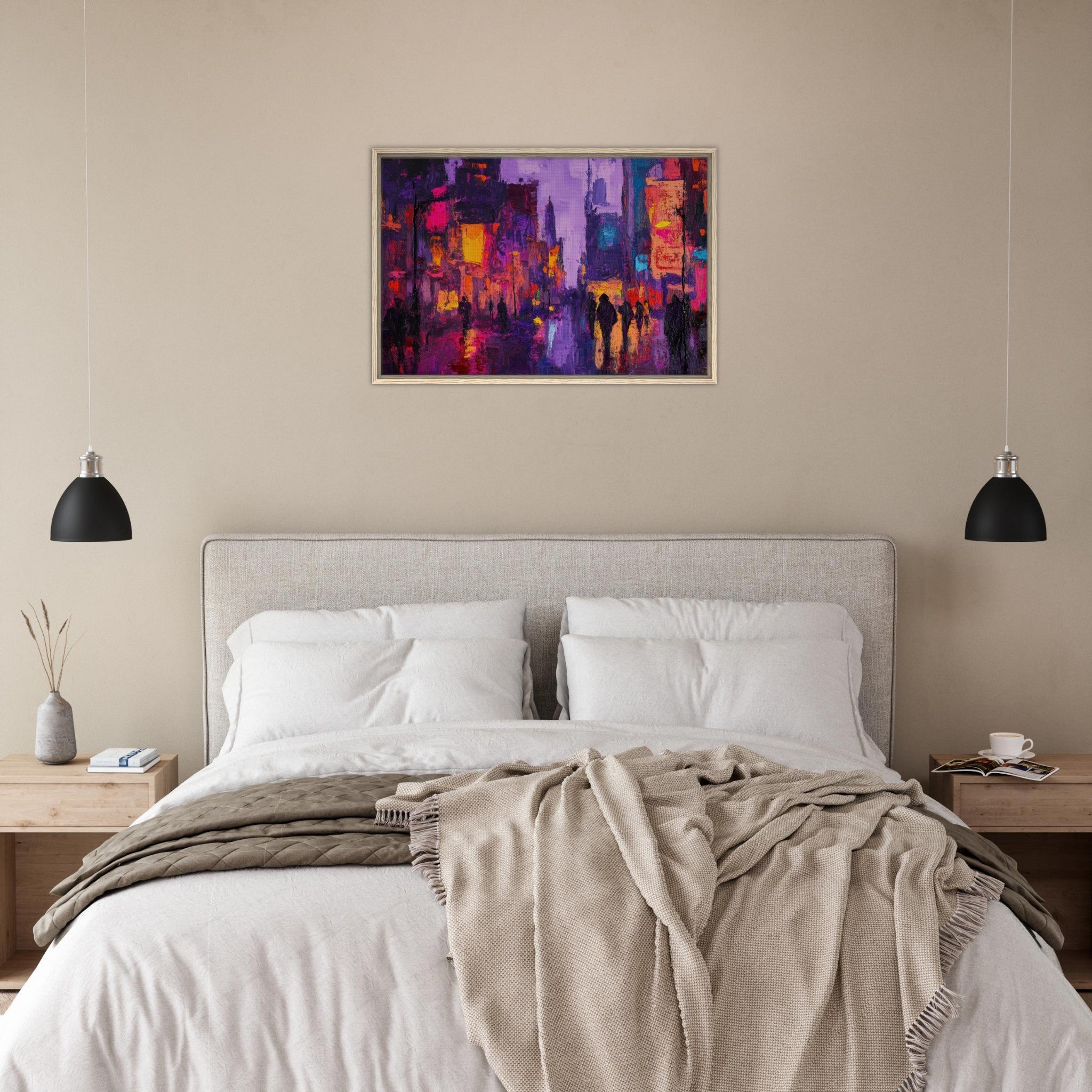 Framed Canvas Landscape - A cityscape bathed in the dim glow of streetligh 3 - Shop Ai Art WebShop - Digital Art online Store