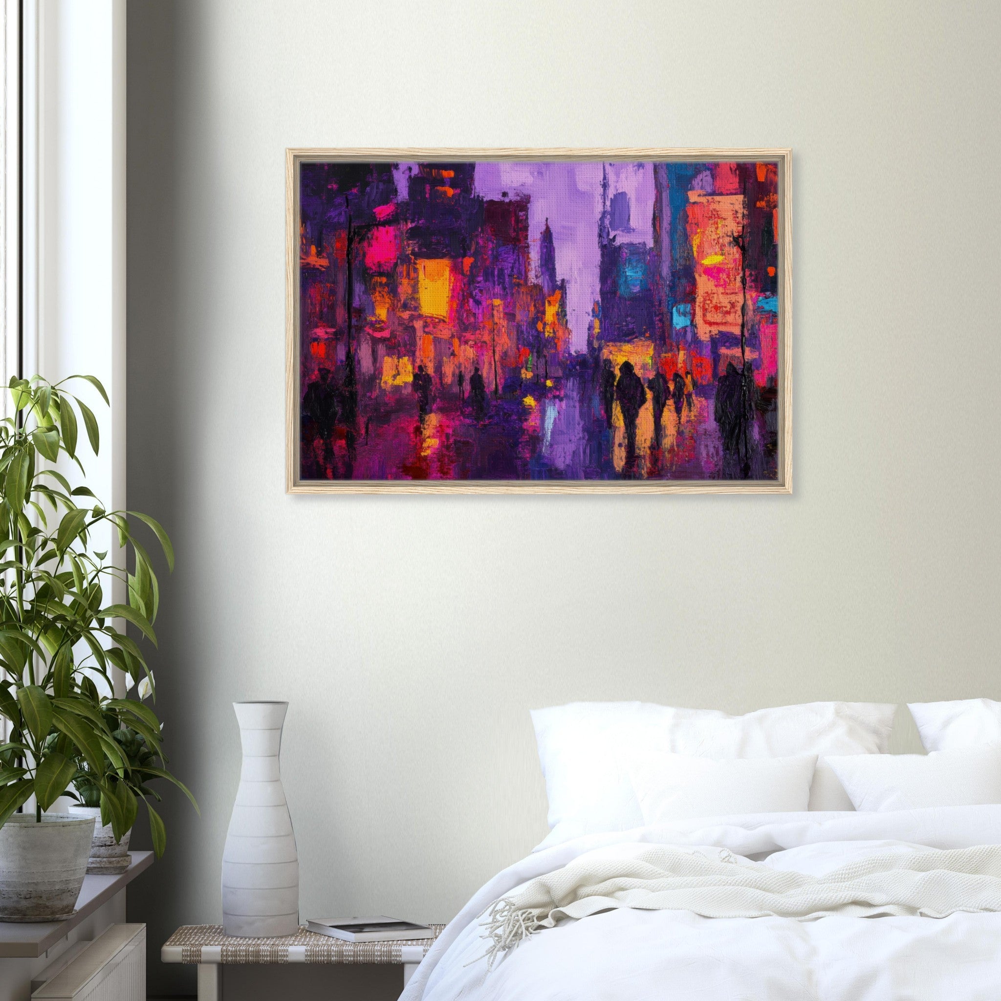 Framed Canvas Landscape - A cityscape bathed in the dim glow of streetligh 3 - Shop Ai Art WebShop - Digital Art online Store