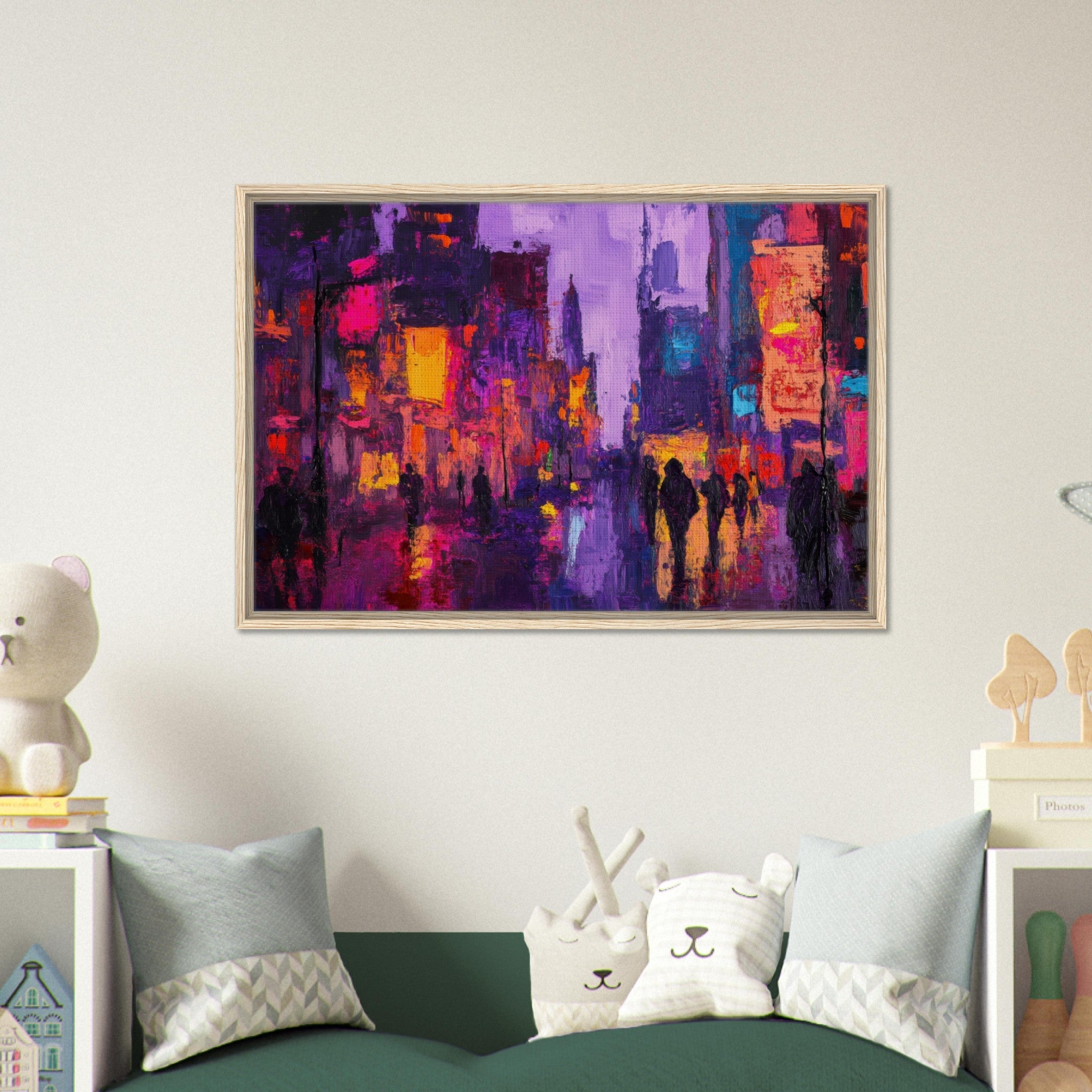 Framed Canvas Landscape - A cityscape bathed in the dim glow of streetligh 3 - Shop Ai Art WebShop - Digital Art online Store