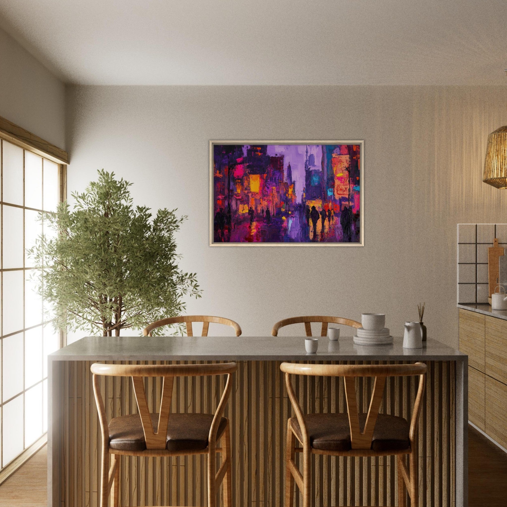 Framed Canvas Landscape - A cityscape bathed in the dim glow of streetligh 3 - Shop Ai Art WebShop - Digital Art online Store