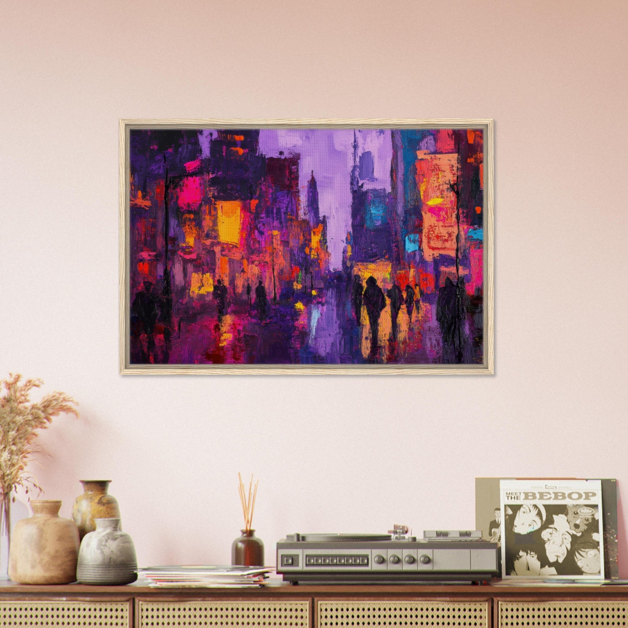 Framed Canvas Landscape - A cityscape bathed in the dim glow of streetligh 3 - Shop Ai Art WebShop - Digital Art online Store