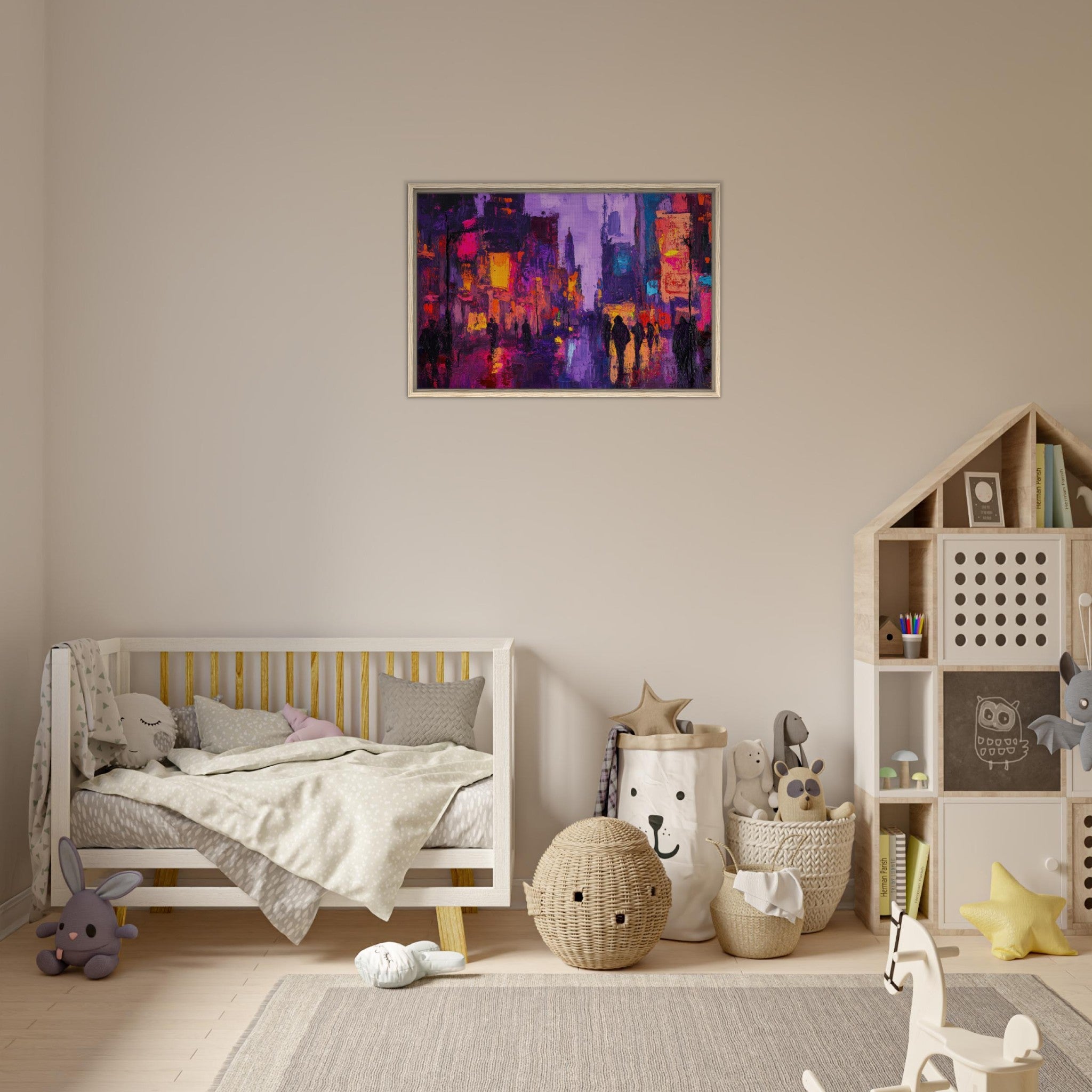 Framed Canvas Landscape - A cityscape bathed in the dim glow of streetligh 3 - Shop Ai Art WebShop - Digital Art online Store