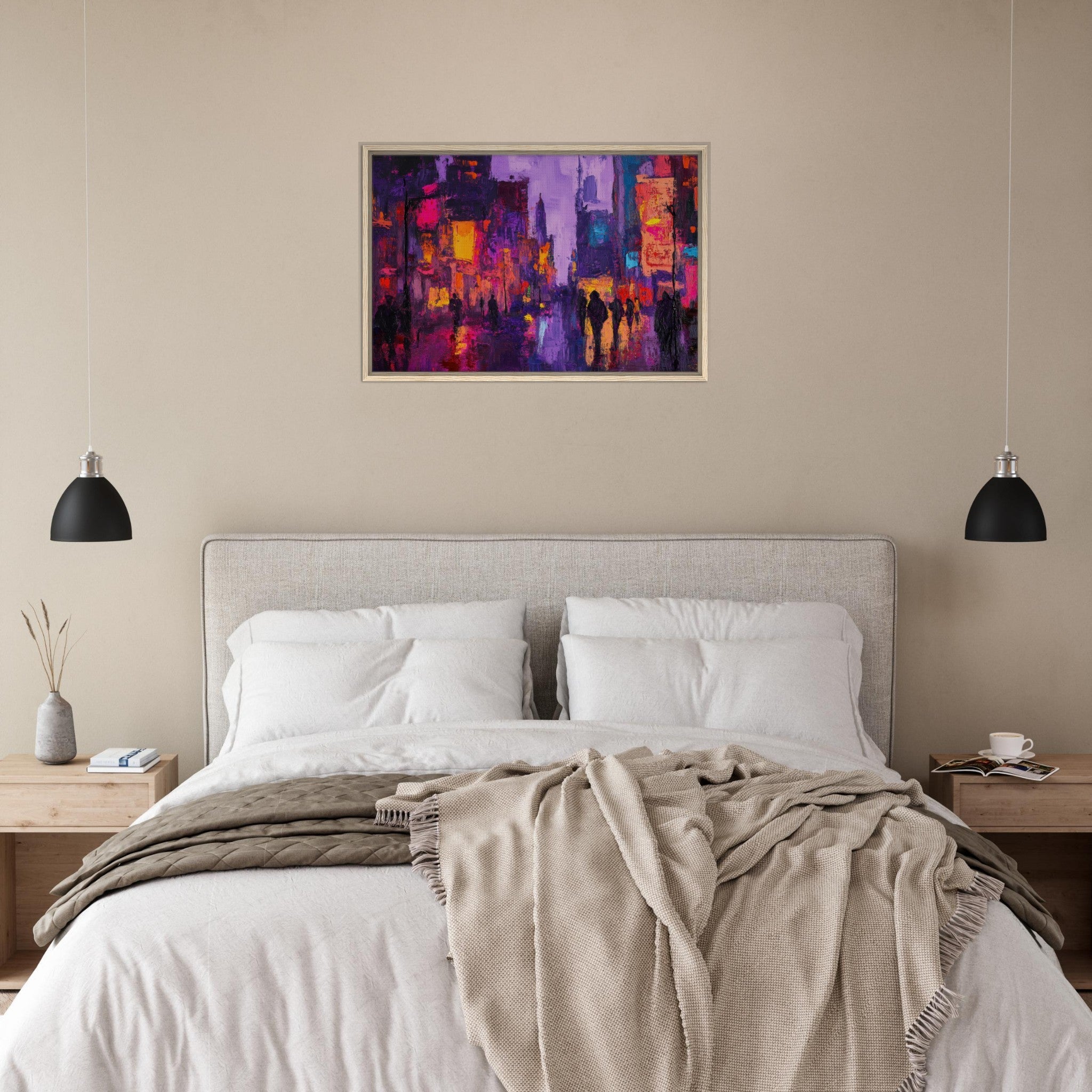 Framed Canvas Landscape - A cityscape bathed in the dim glow of streetligh 3 - Shop Ai Art WebShop - Digital Art online Store