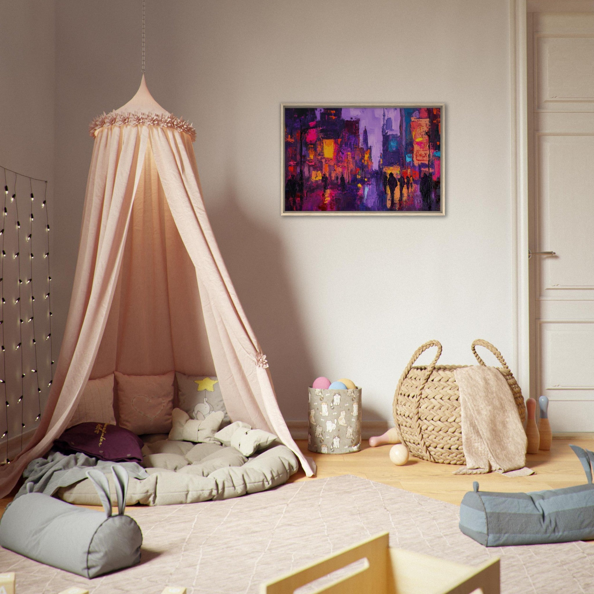 Framed Canvas Landscape - A cityscape bathed in the dim glow of streetligh 3 - Shop Ai Art WebShop - Digital Art online Store