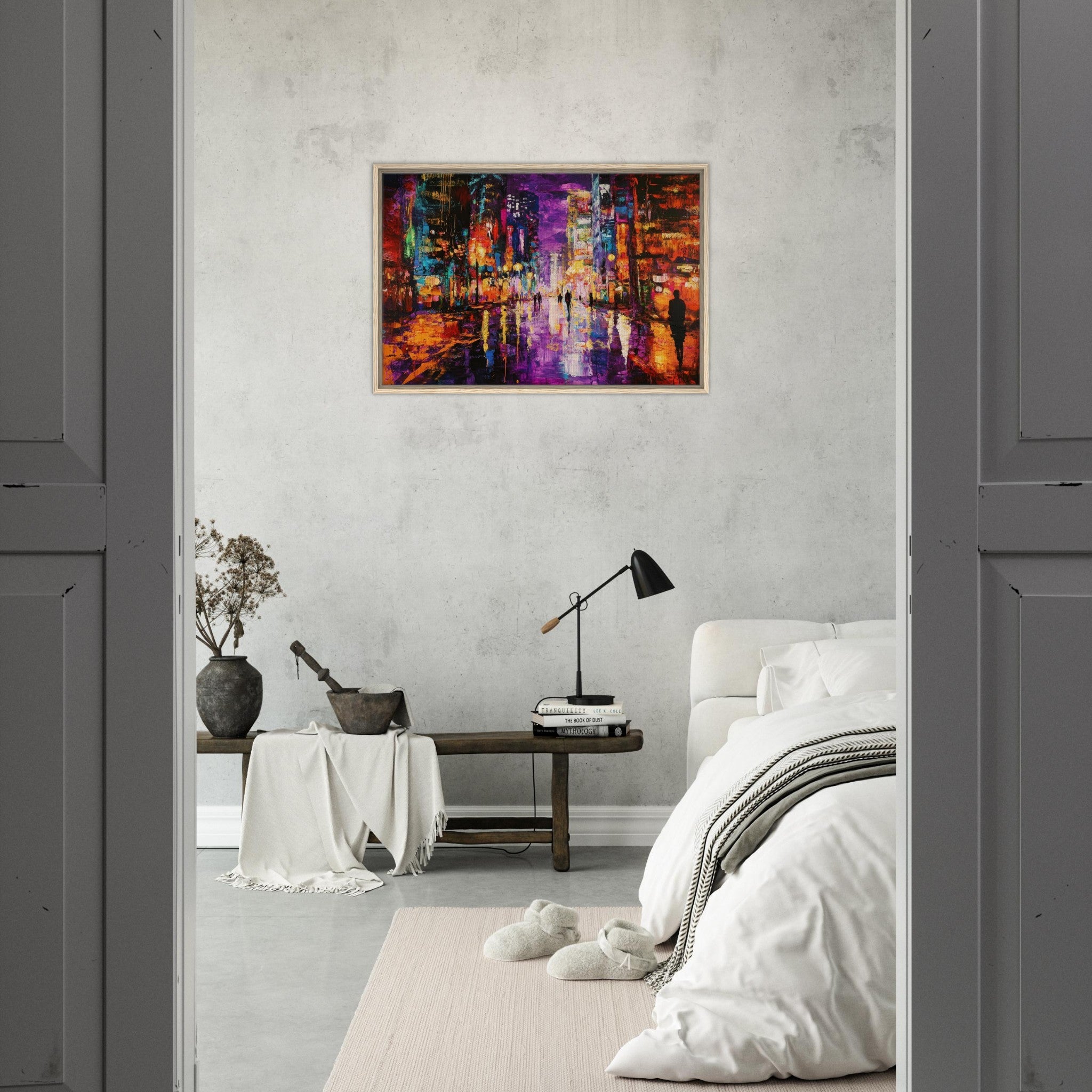 Framed Canvas Landscape - A cityscape bathed in the dim glow of streetligh - Shop Ai Art WebShop - Digital Art online Store