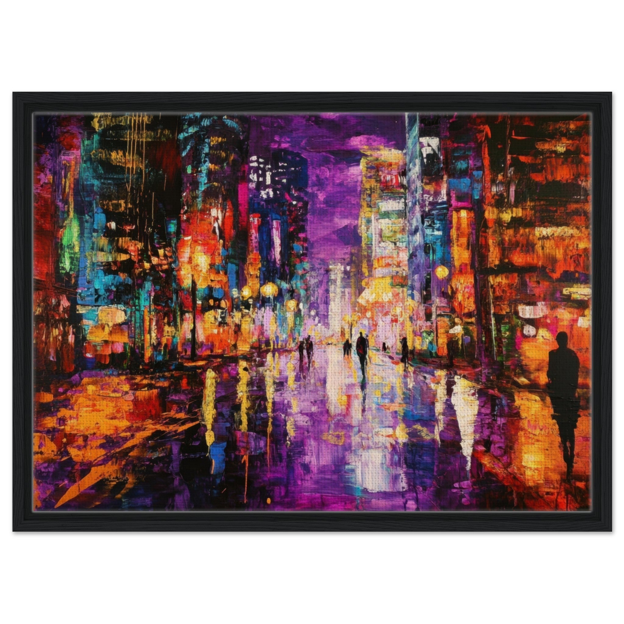 Framed Canvas Landscape - A cityscape bathed in the dim glow of streetligh - Shop Ai Art WebShop - Digital Art online Store