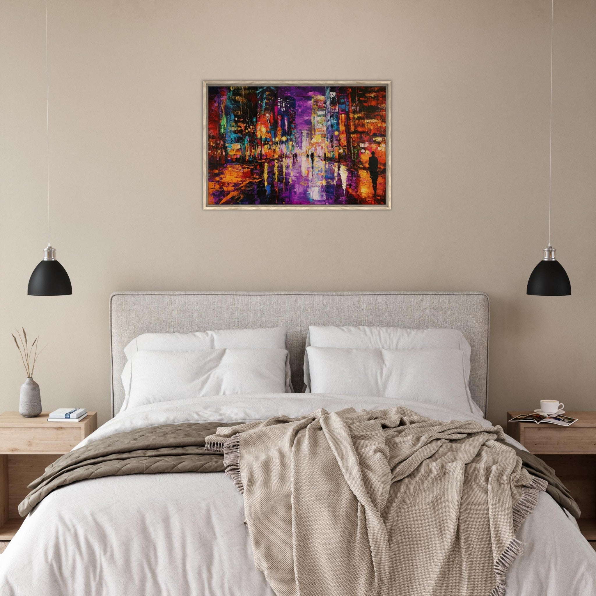 Framed Canvas Landscape - A cityscape bathed in the dim glow of streetligh - Shop Ai Art WebShop - Digital Art online Store
