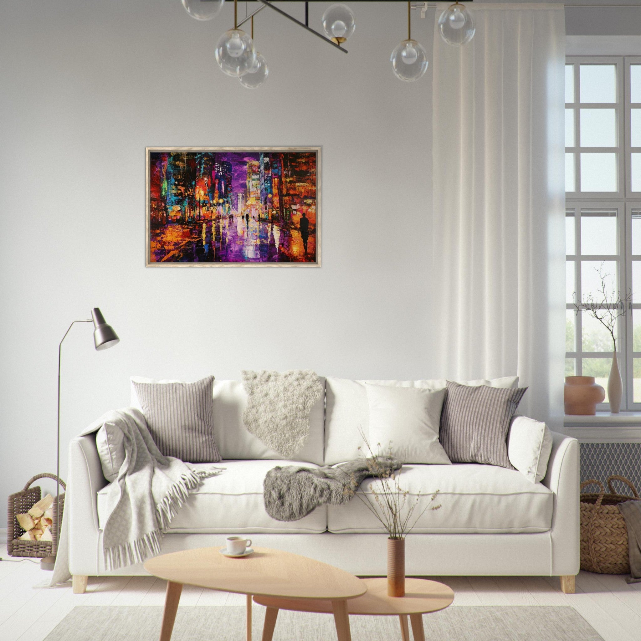 Framed Canvas Landscape - A cityscape bathed in the dim glow of streetligh - Shop Ai Art WebShop - Digital Art online Store