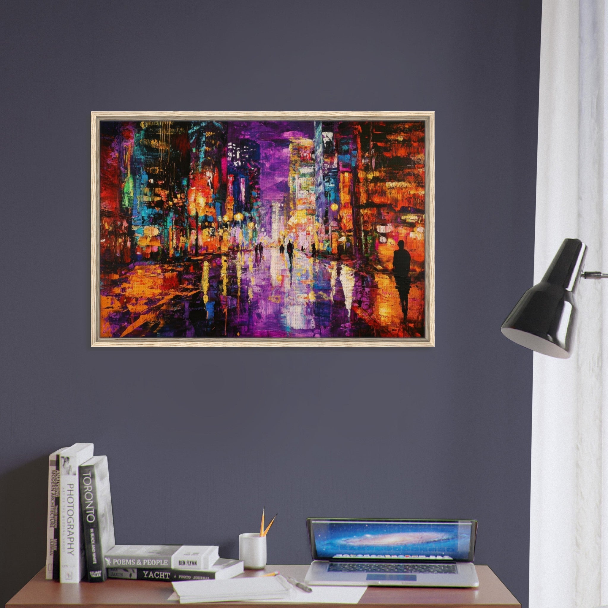 Framed Canvas Landscape - A cityscape bathed in the dim glow of streetligh - Shop Ai Art WebShop - Digital Art online Store