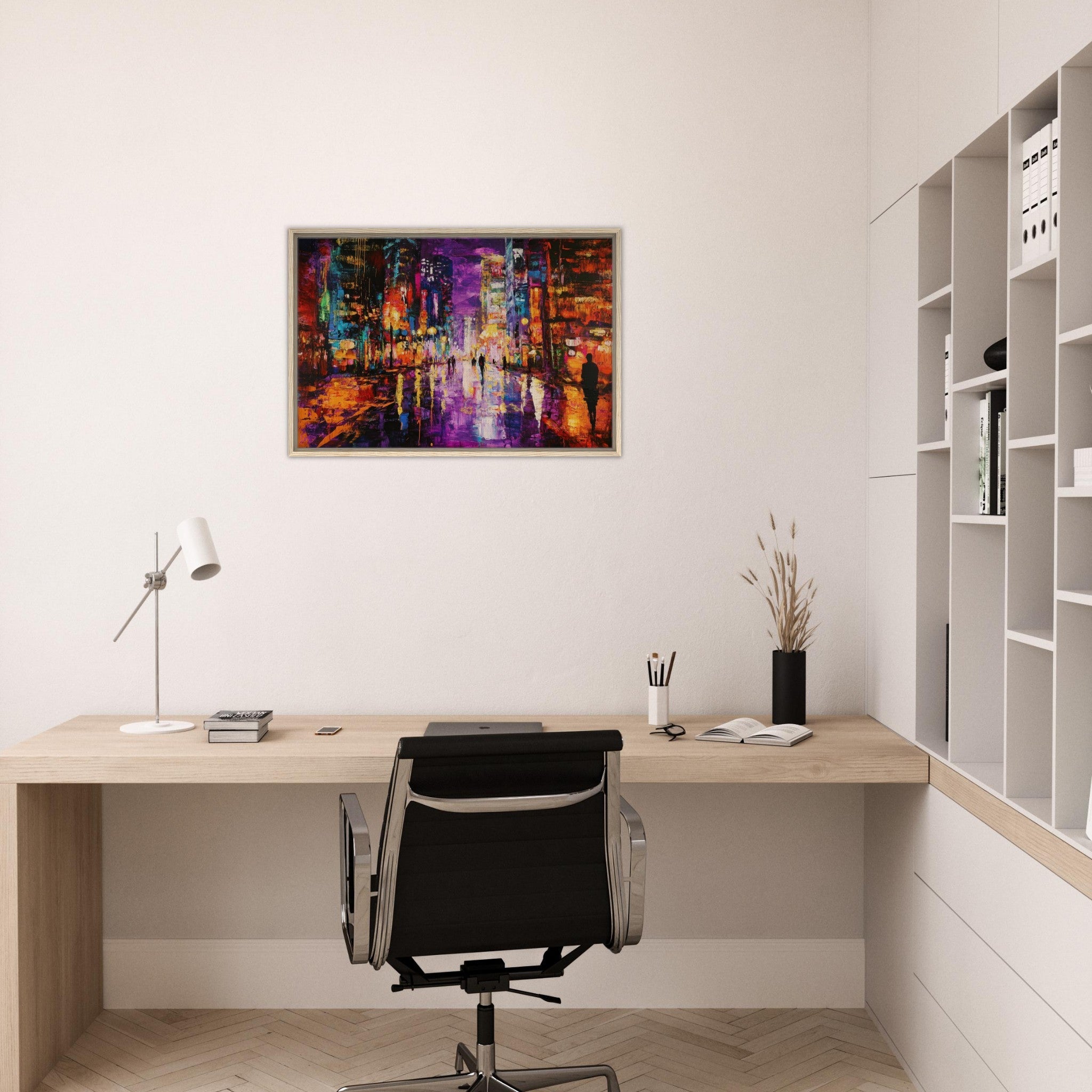 Framed Canvas Landscape - A cityscape bathed in the dim glow of streetligh - Shop Ai Art WebShop - Digital Art online Store