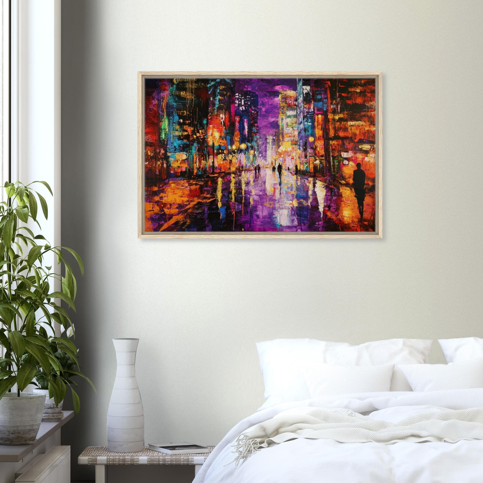 Framed Canvas Landscape - A cityscape bathed in the dim glow of streetligh - Shop Ai Art WebShop - Digital Art online Store