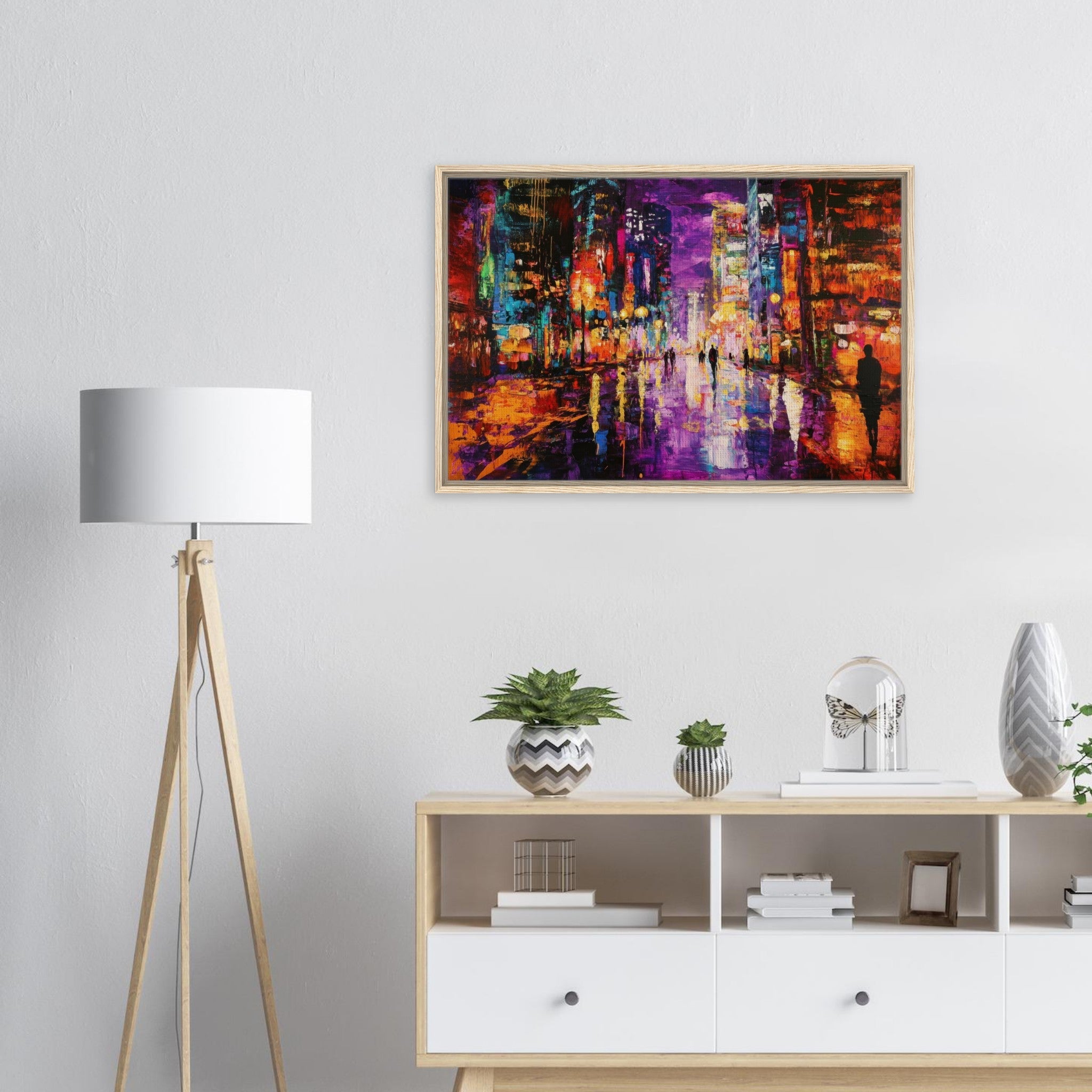 Framed Canvas Landscape - A cityscape bathed in the dim glow of streetligh - Shop Ai Art WebShop - Digital Art online Store