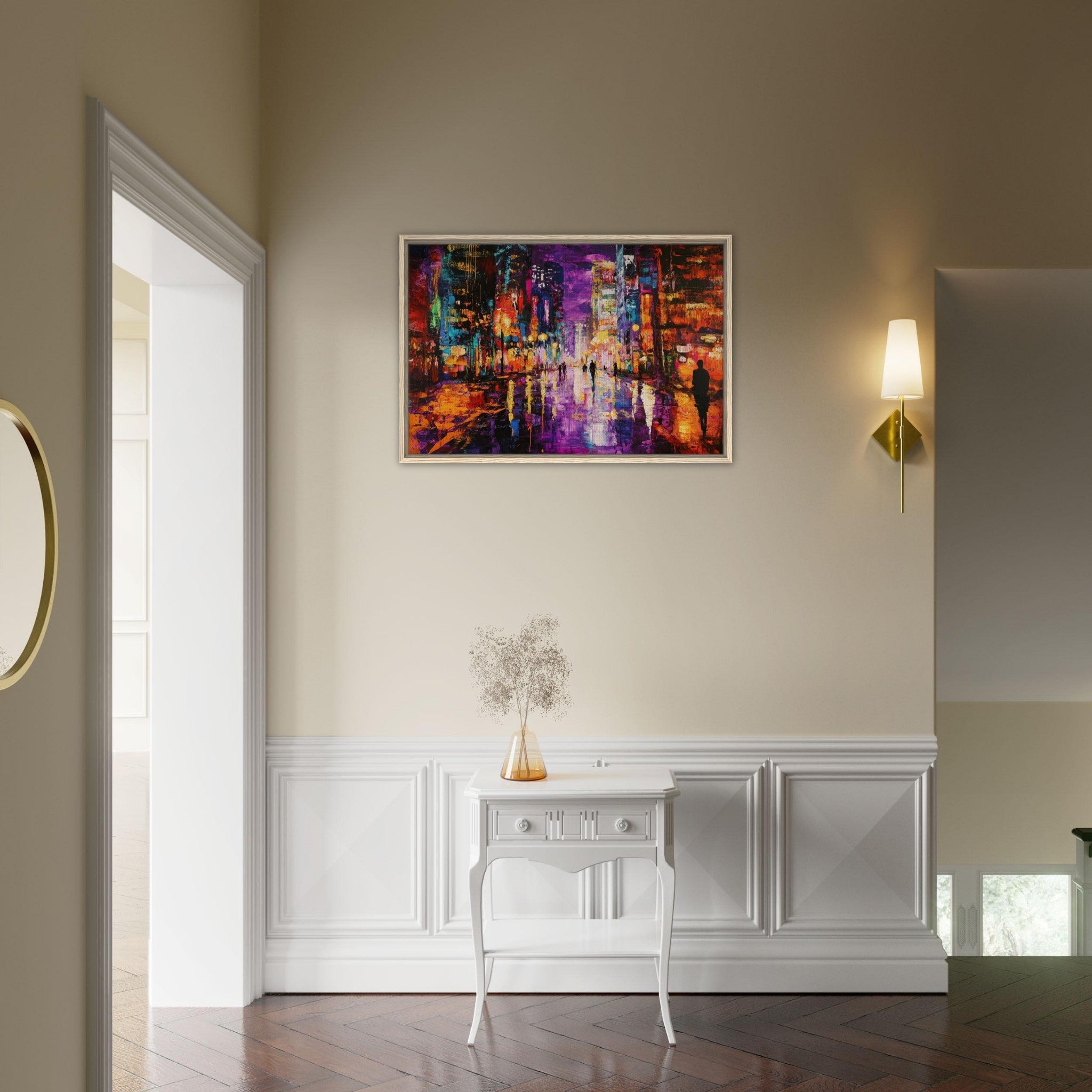 Framed Canvas Landscape - A cityscape bathed in the dim glow of streetligh - Shop Ai Art WebShop - Digital Art online Store