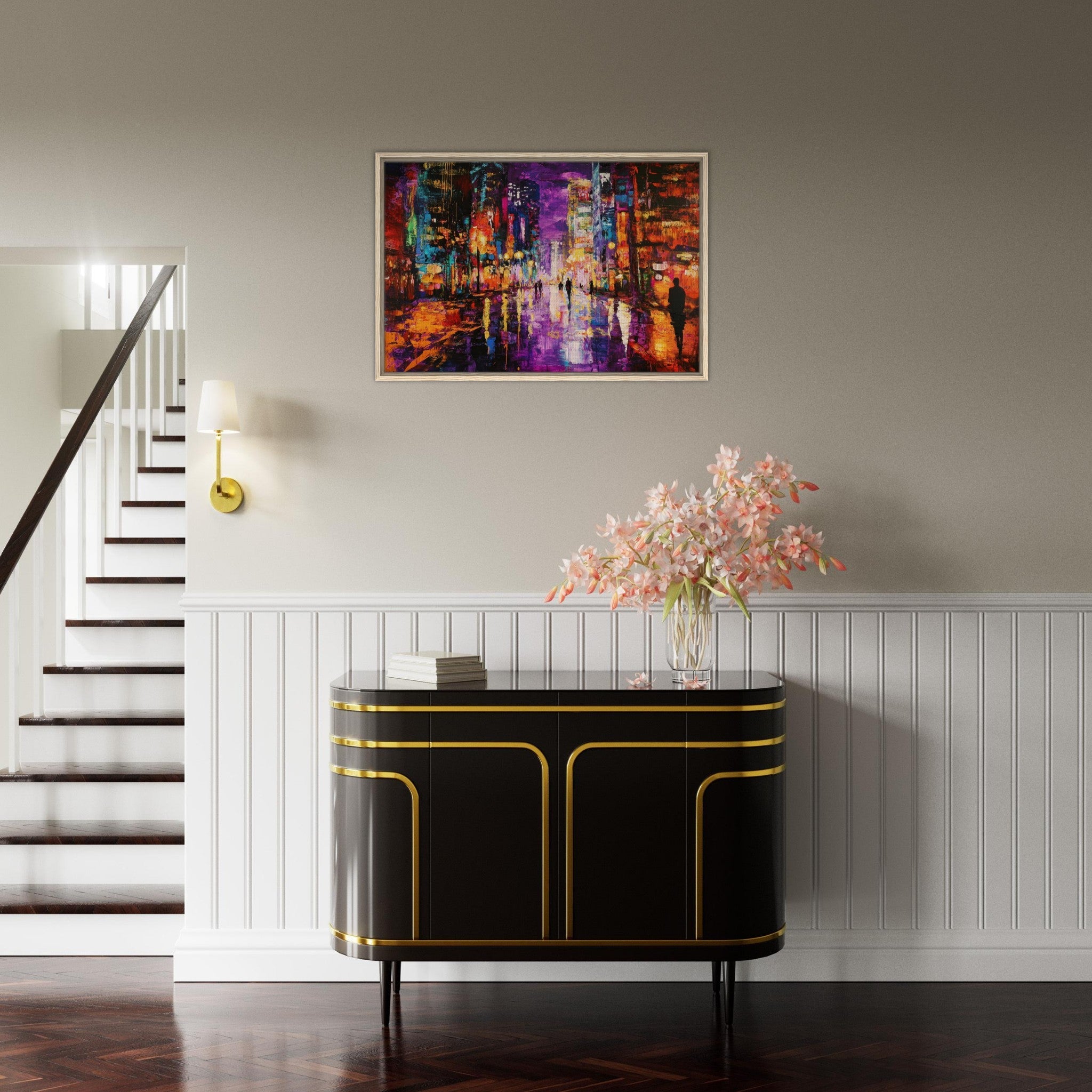 Framed Canvas Landscape - A cityscape bathed in the dim glow of streetligh - Shop Ai Art WebShop - Digital Art online Store