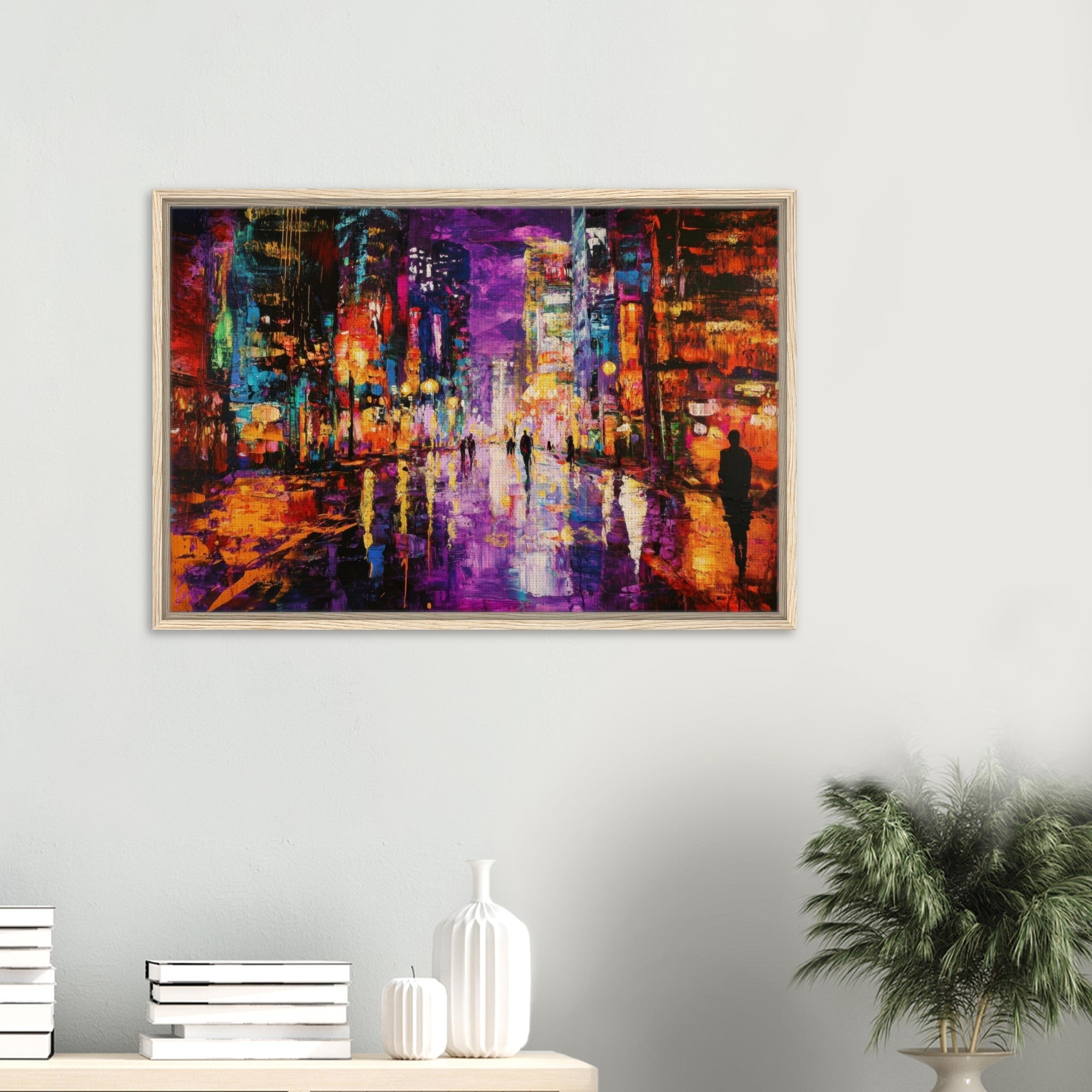 Framed Canvas Landscape - A cityscape bathed in the dim glow of streetligh - Shop Ai Art WebShop - Digital Art online Store
