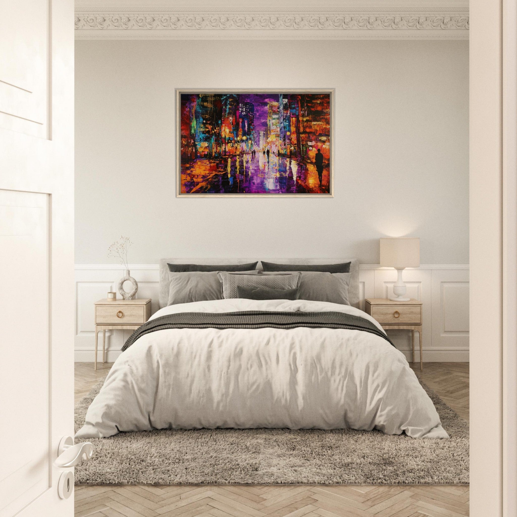 Framed Canvas Landscape - A cityscape bathed in the dim glow of streetligh - Shop Ai Art WebShop - Digital Art online Store