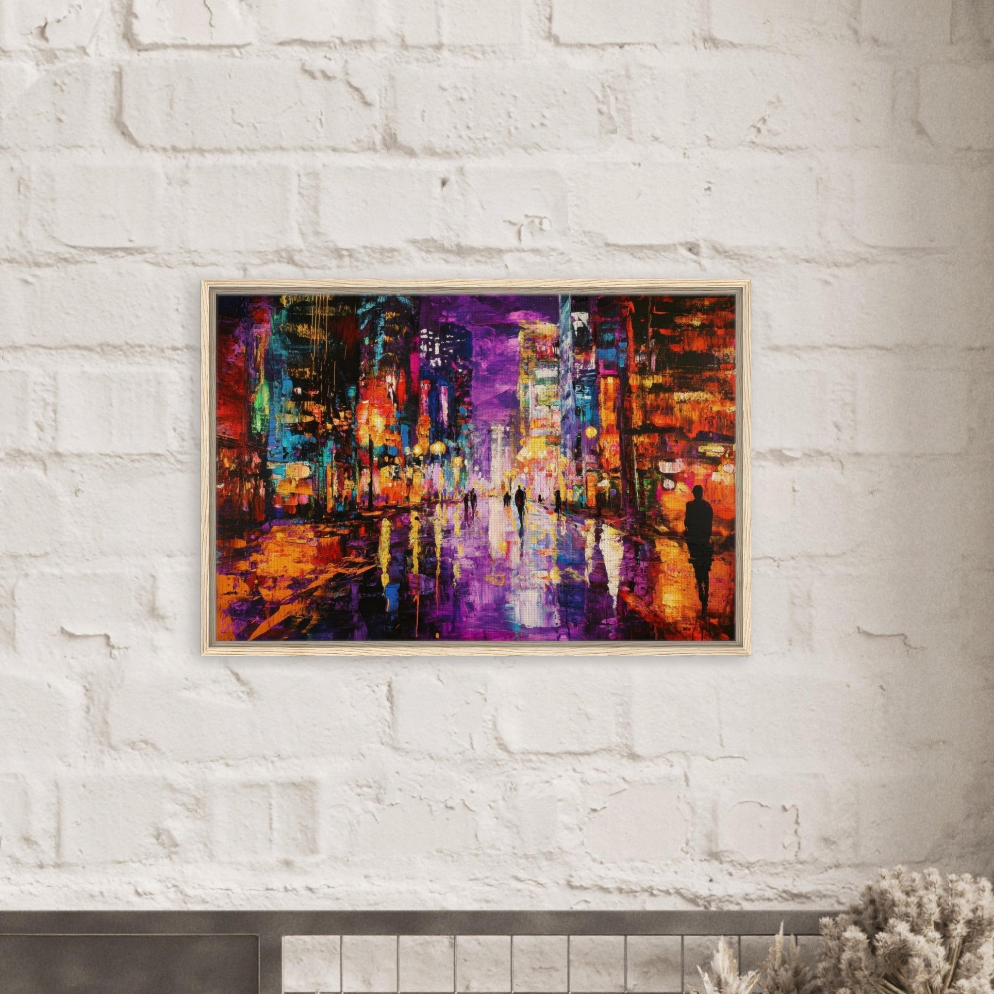 Framed Canvas Landscape - A cityscape bathed in the dim glow of streetligh - Shop Ai Art WebShop - Digital Art online Store