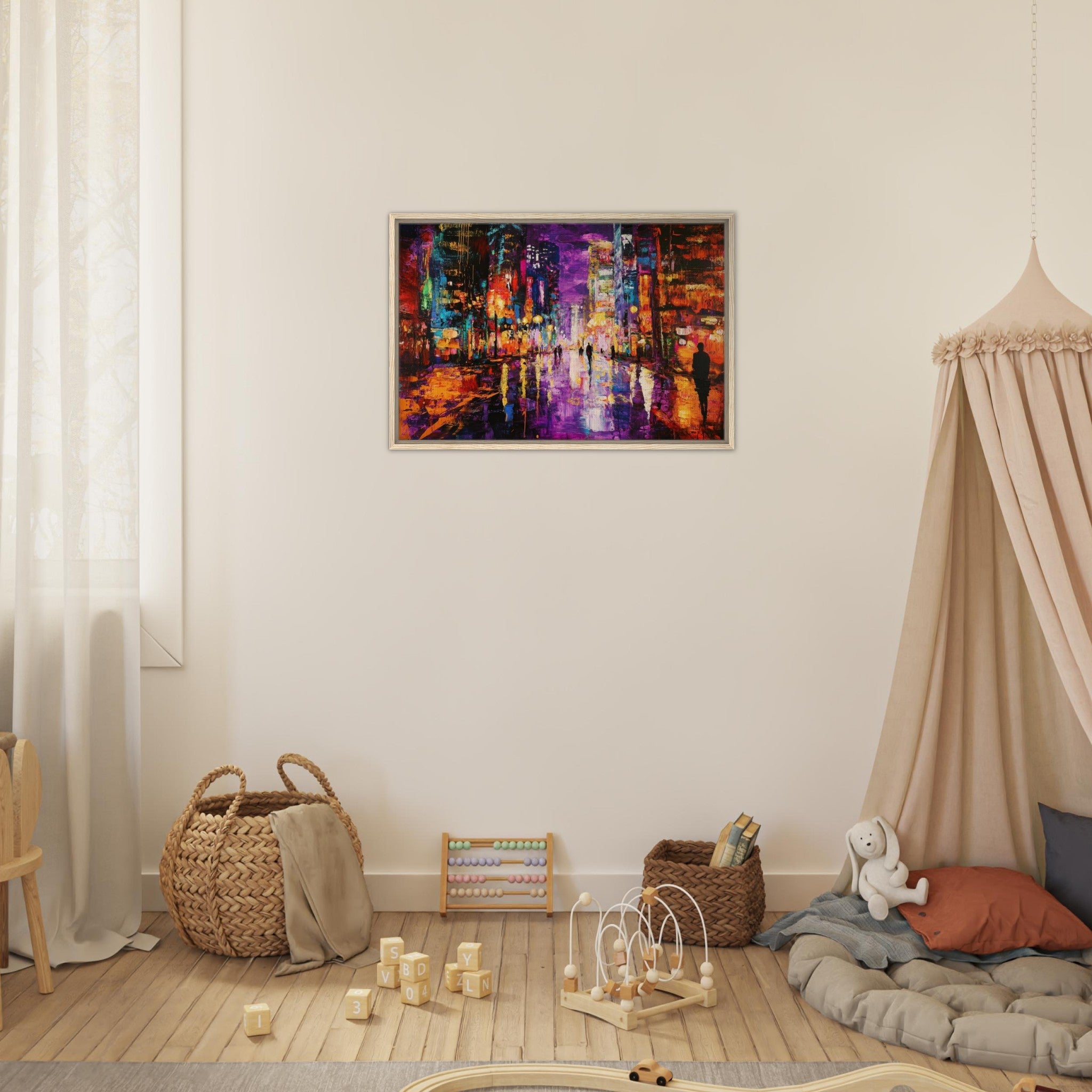 Framed Canvas Landscape - A cityscape bathed in the dim glow of streetligh - Shop Ai Art WebShop - Digital Art online Store