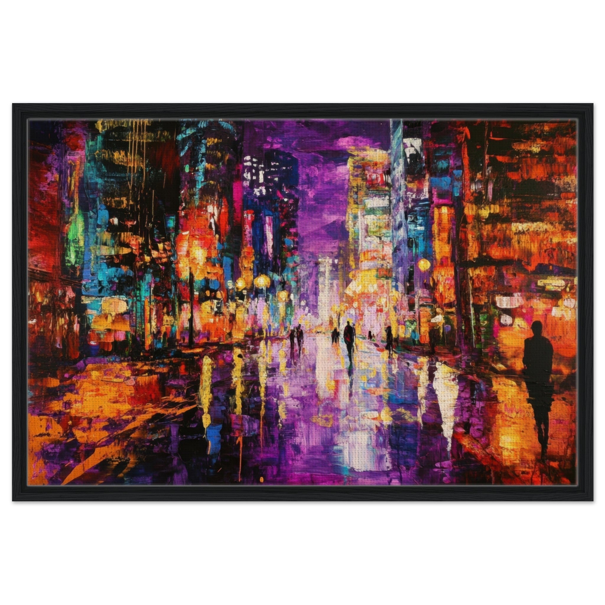 Framed Canvas Landscape - A cityscape bathed in the dim glow of streetligh - Shop Ai Art WebShop - Digital Art online Store