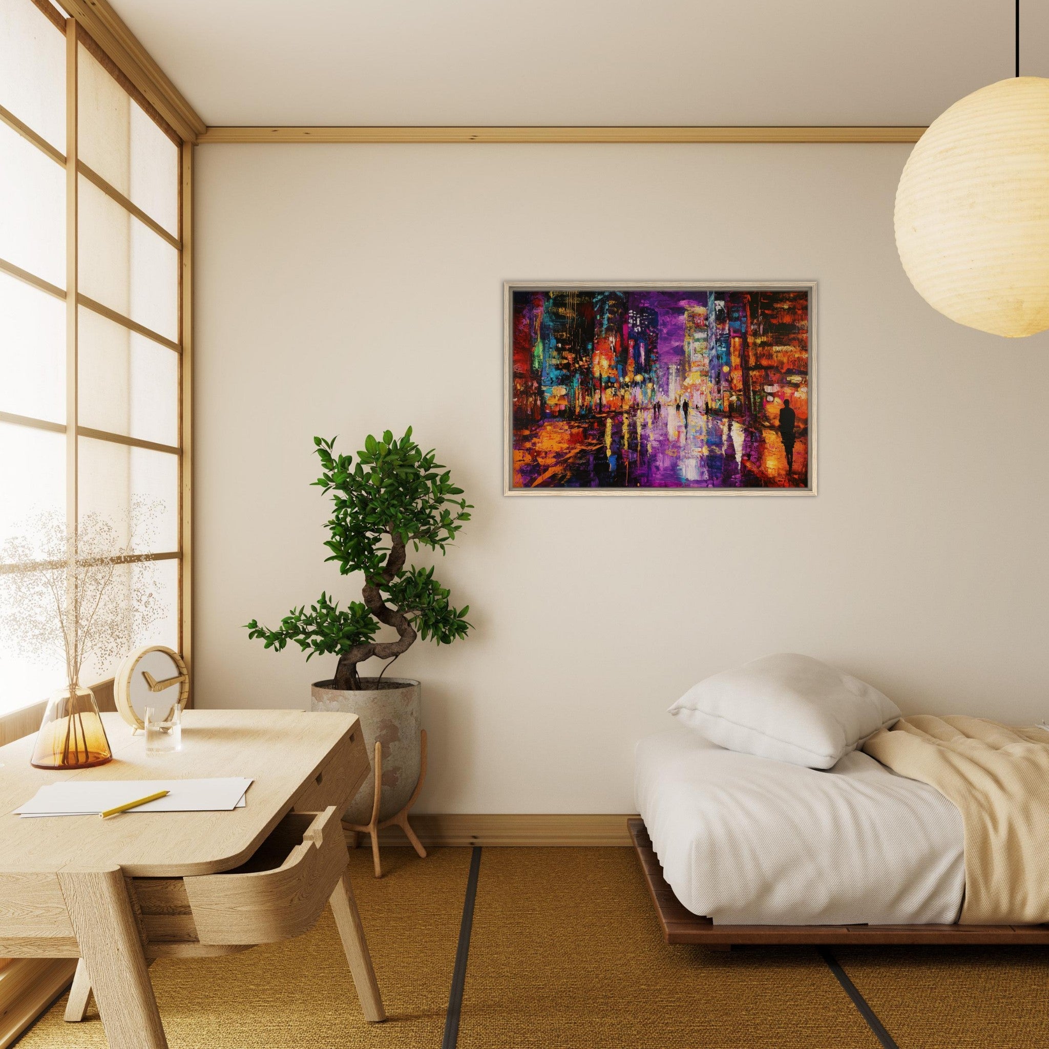 Framed Canvas Landscape - A cityscape bathed in the dim glow of streetligh - Shop Ai Art WebShop - Digital Art online Store