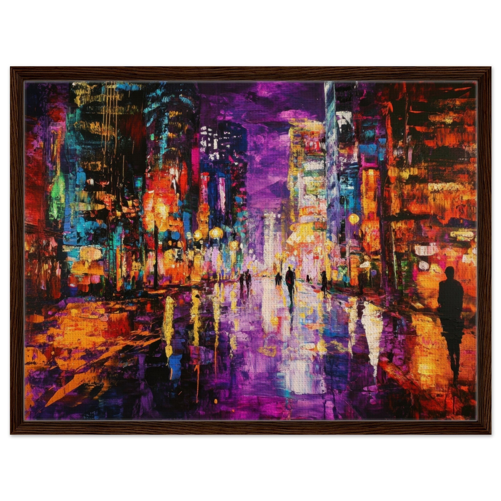 Framed Canvas Landscape - A cityscape bathed in the dim glow of streetligh - Shop Ai Art WebShop - Digital Art online Store