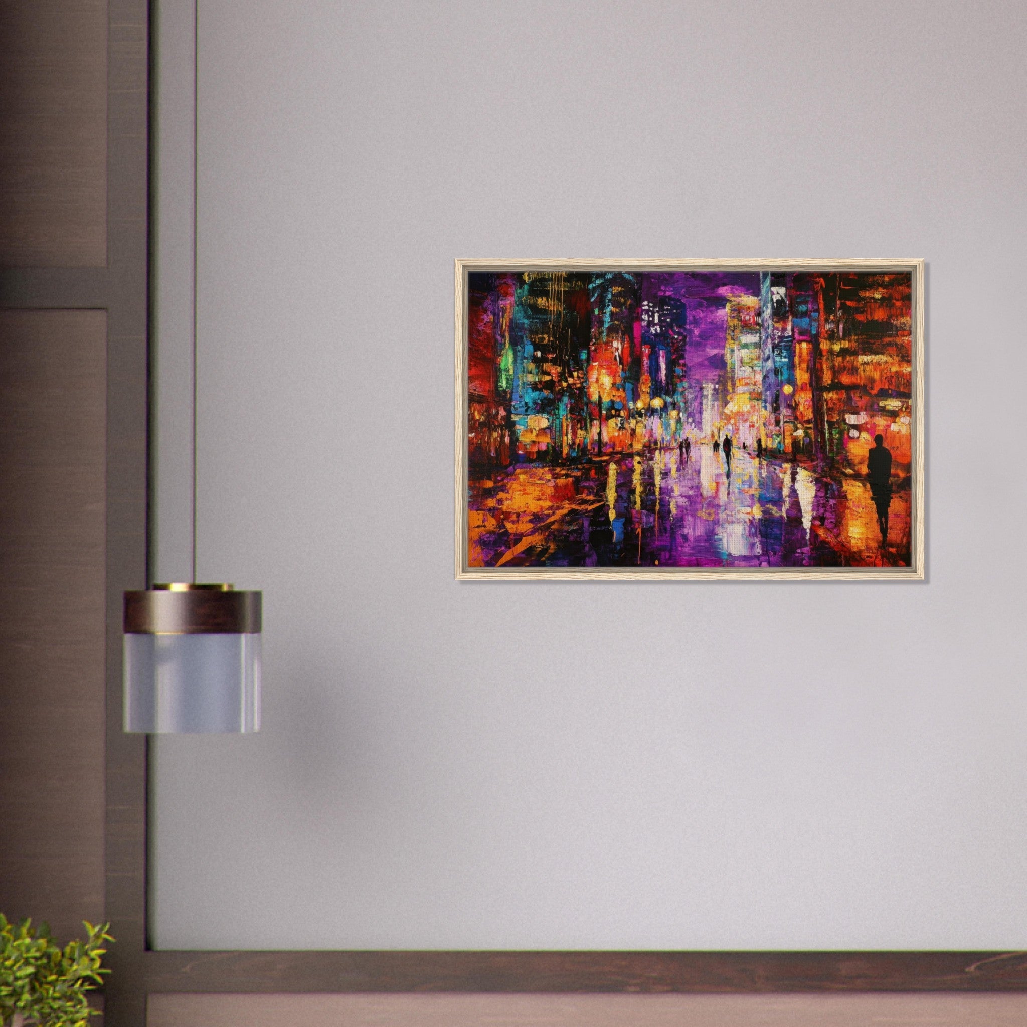 Framed Canvas Landscape - A cityscape bathed in the dim glow of streetligh - Shop Ai Art WebShop - Digital Art online Store